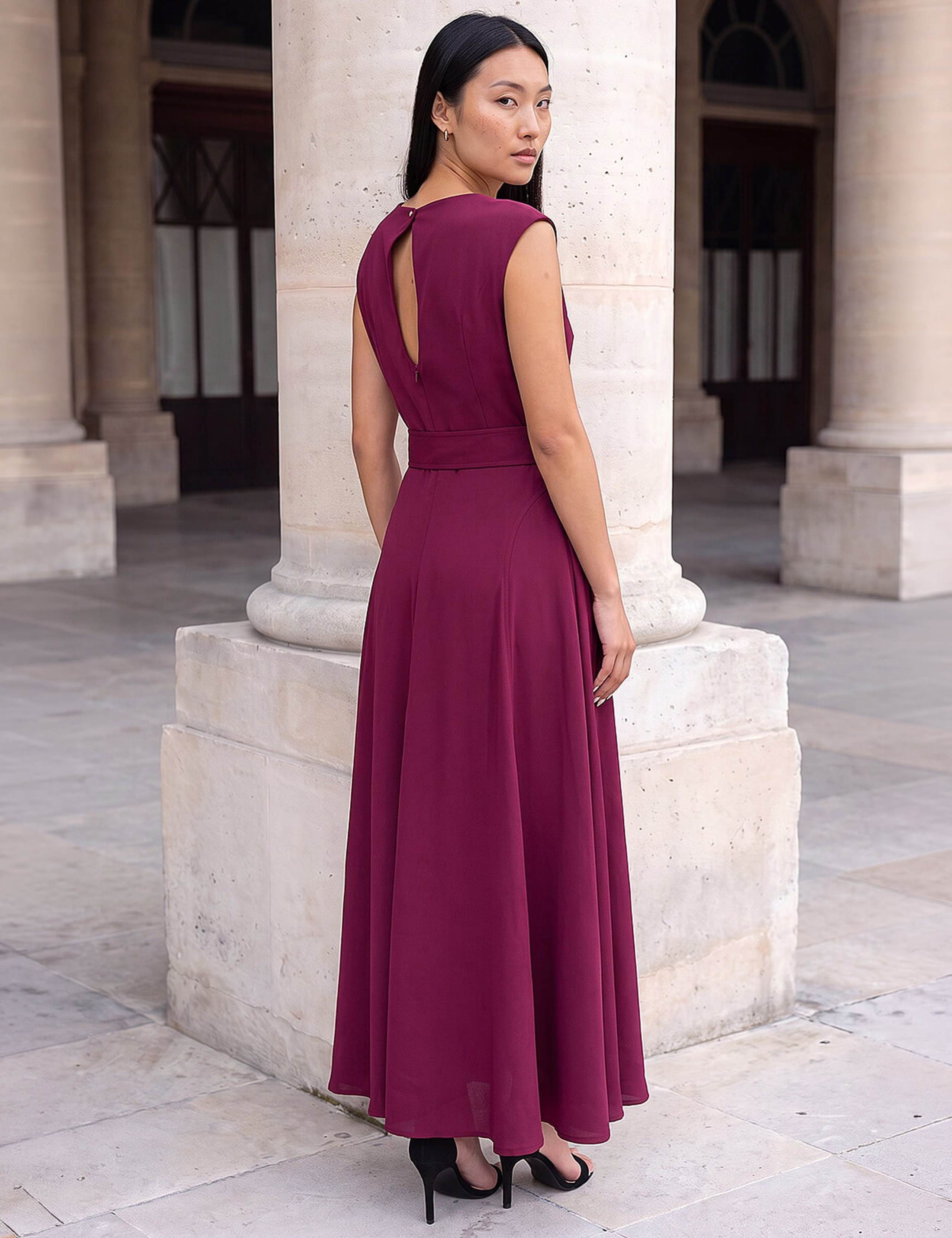 Belted Asymmetric Neck Knee Length Dress 3 of 4
