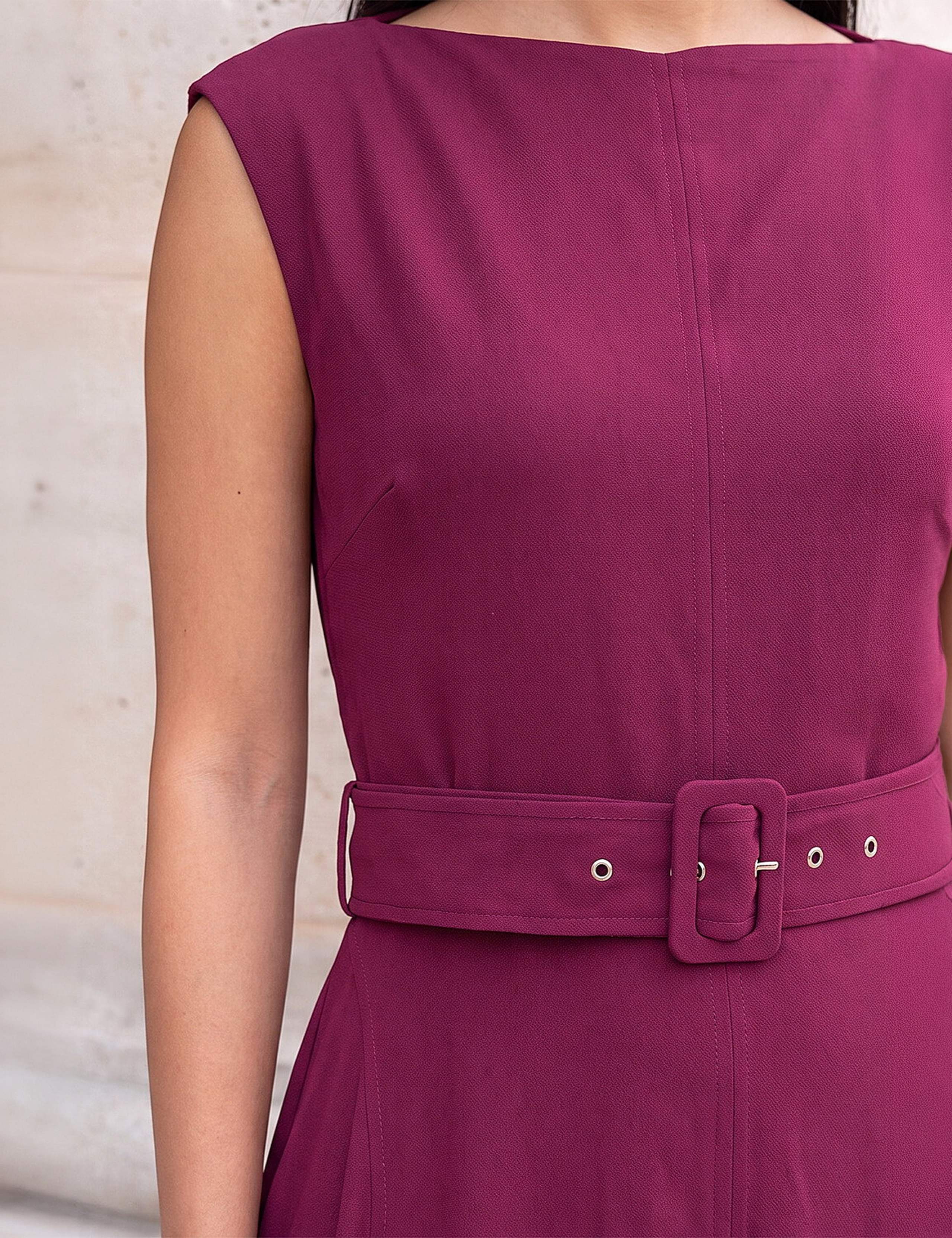 Belted Asymmetric Neck Knee Length Dress 4 of 4