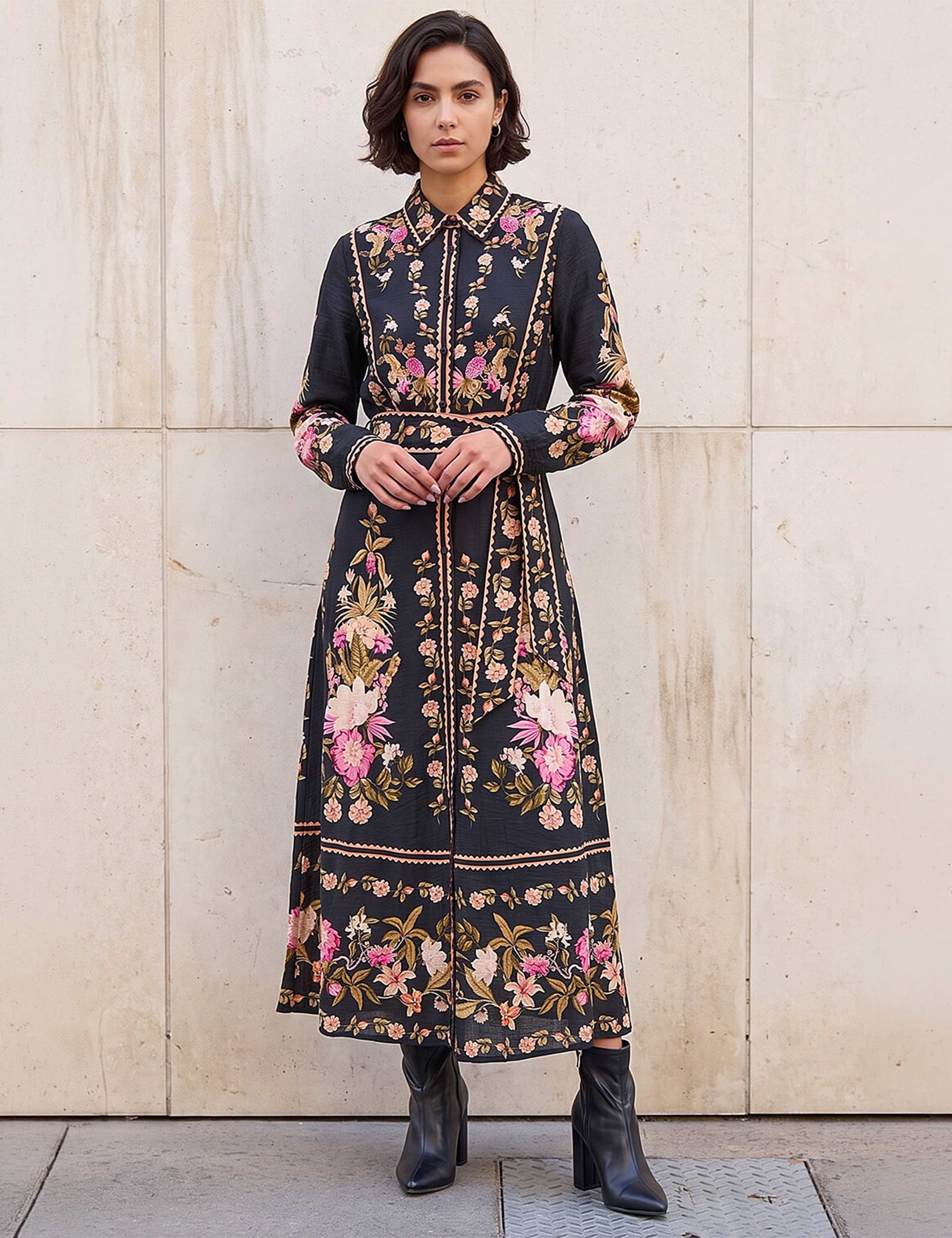 Bordered Floral Knee Length Dress 2 of 4