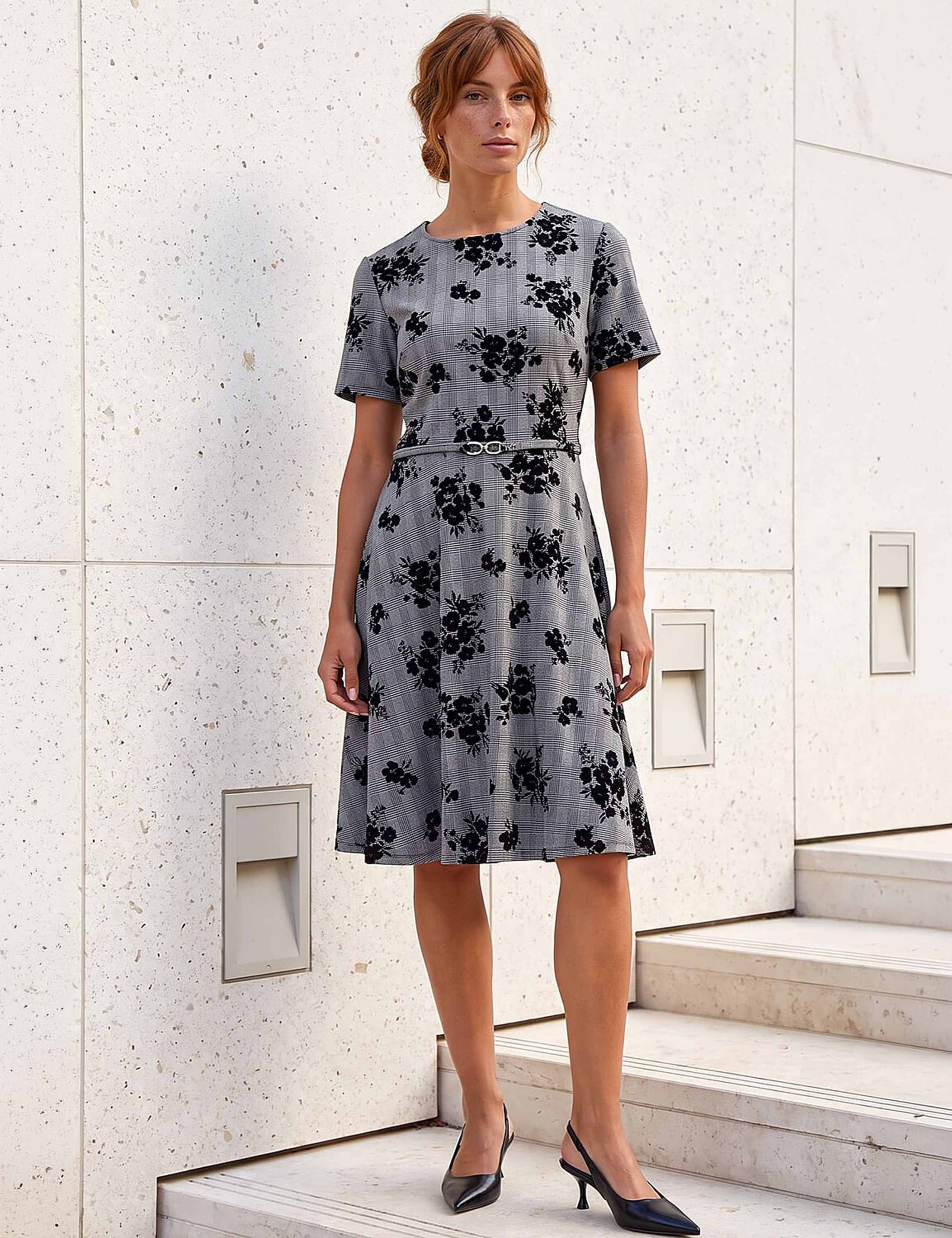 Checked Floral Flock Knee Length Dress 1 of 4