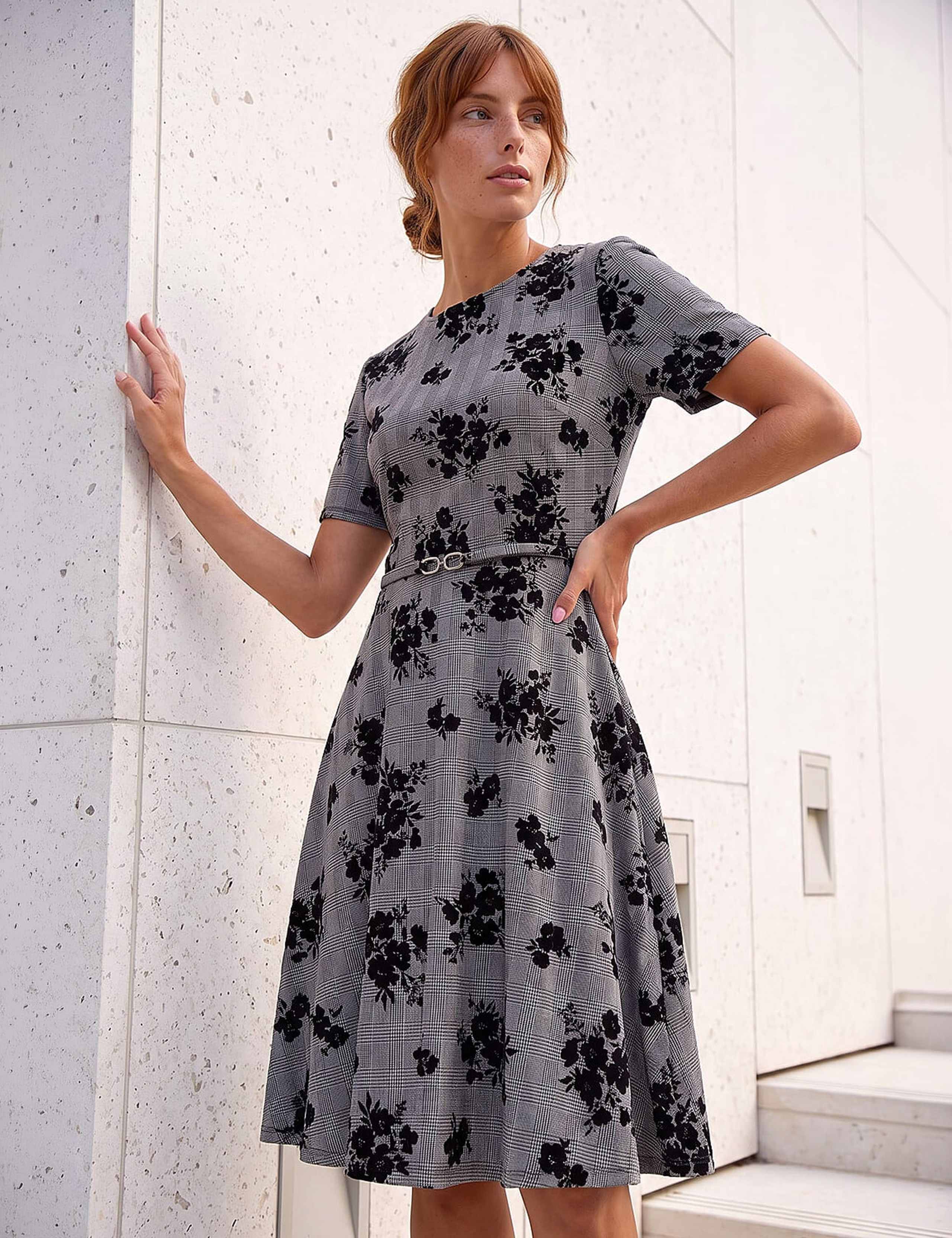 Checked Floral Flock Knee Length Dress 2 of 4