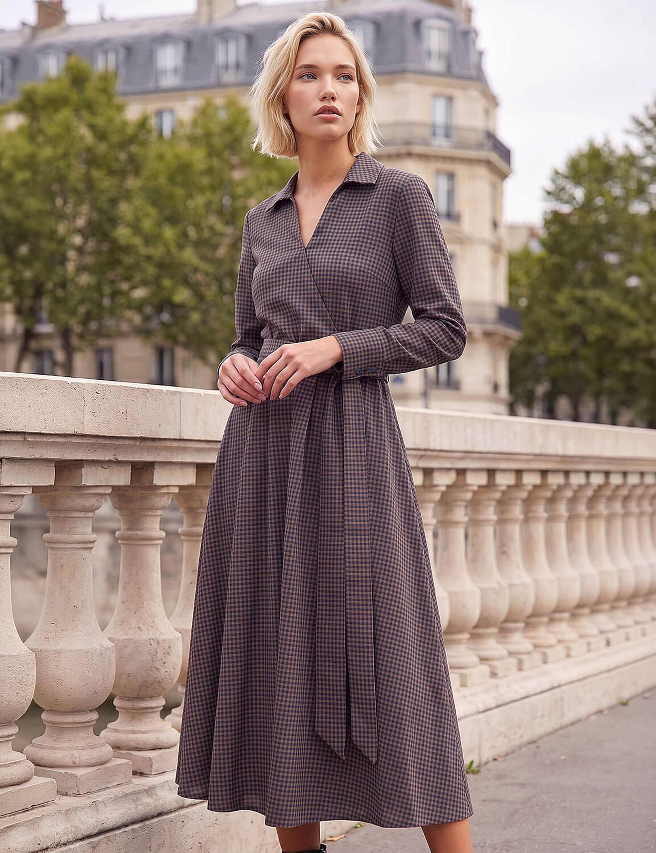 Cotton Blend Check Mock Wrap Dress 1 of 4