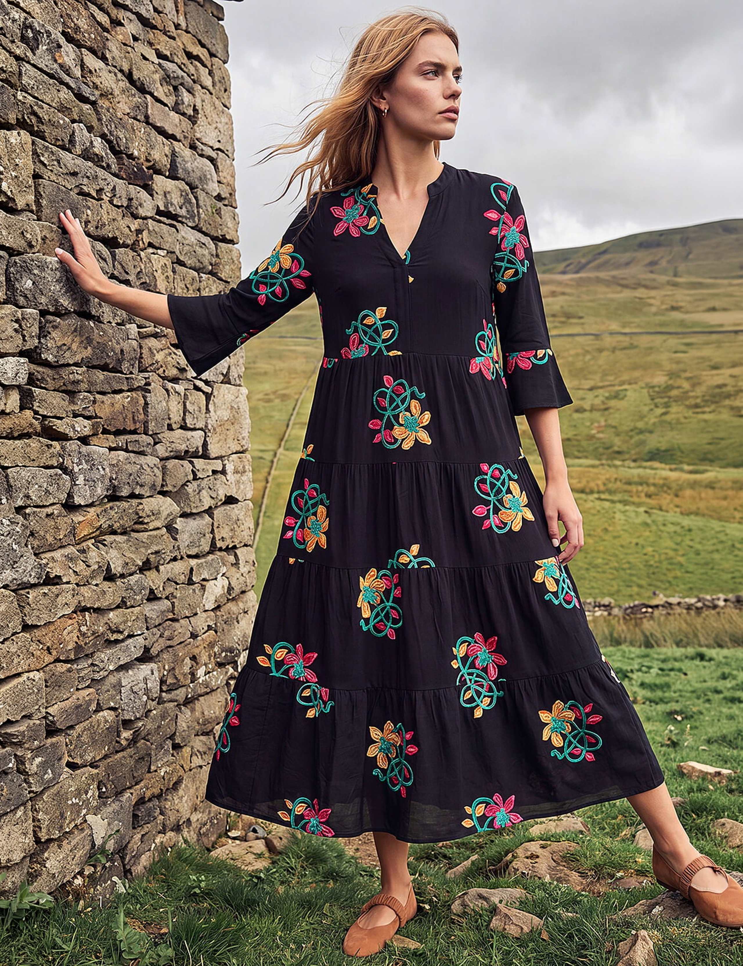Embroidered Floral Knee Length Tiered Dress 1 of 4