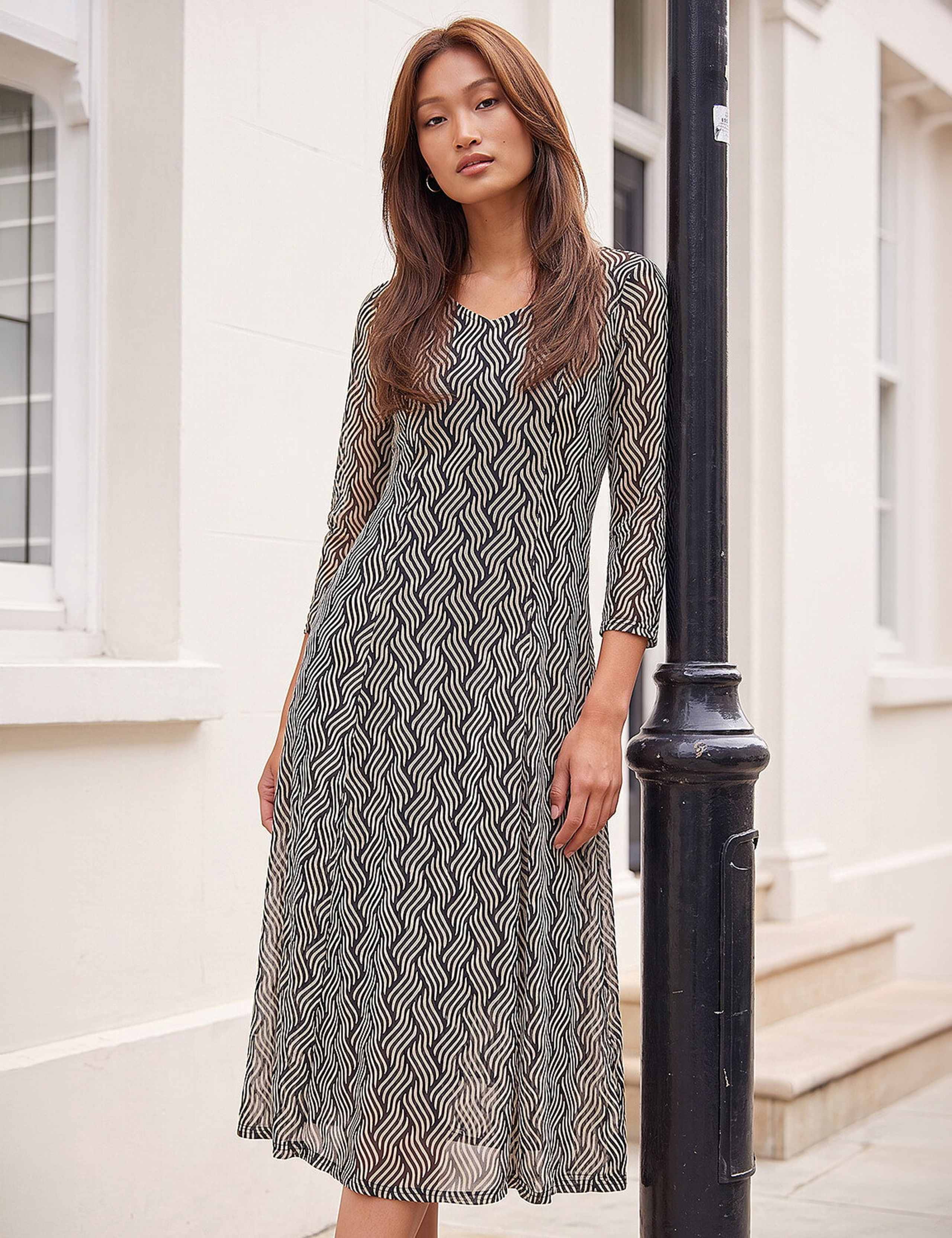 Geometric Print Mesh Midi Dress 2 of 4