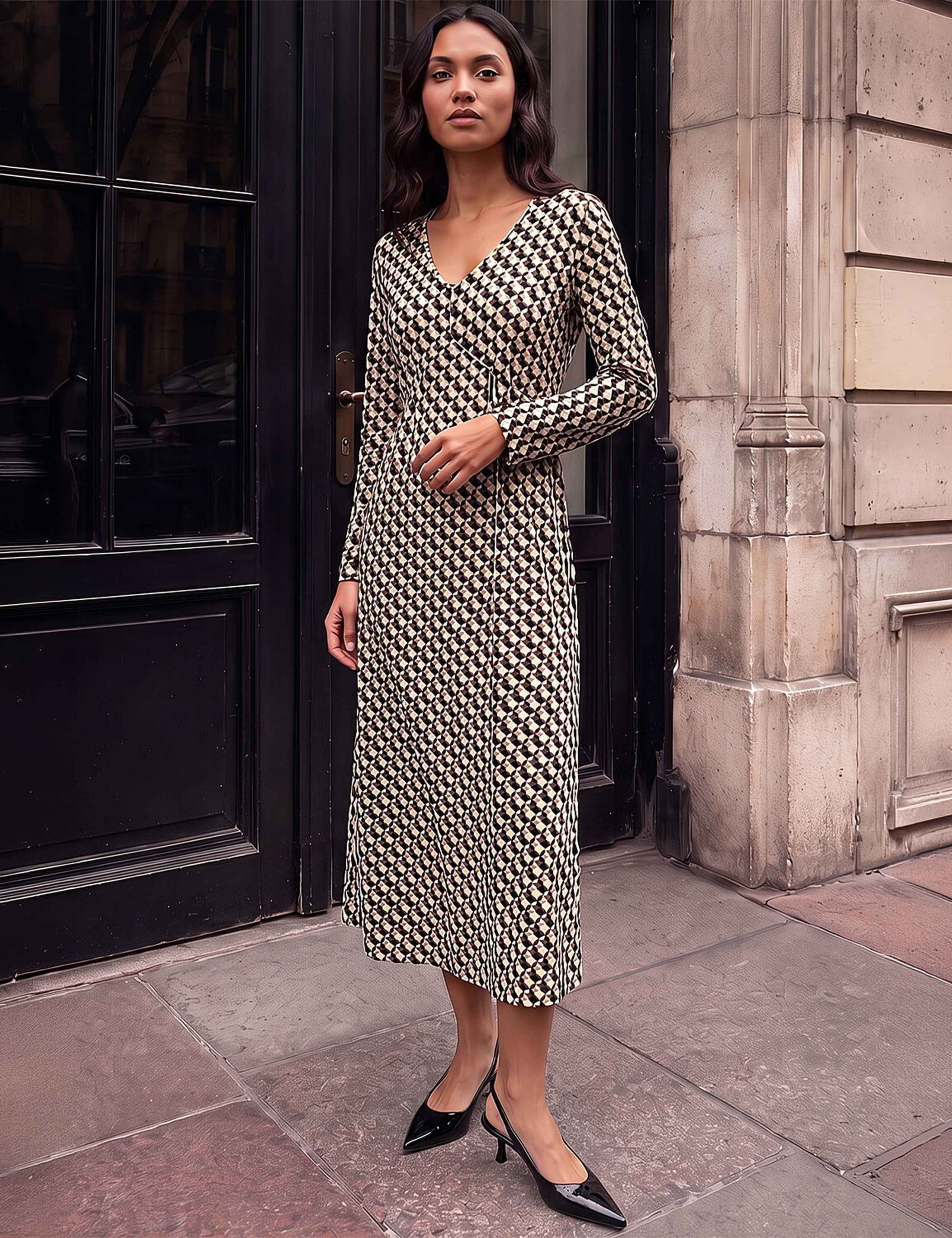 Geometric V Neck Midi Dress 1 of 4
