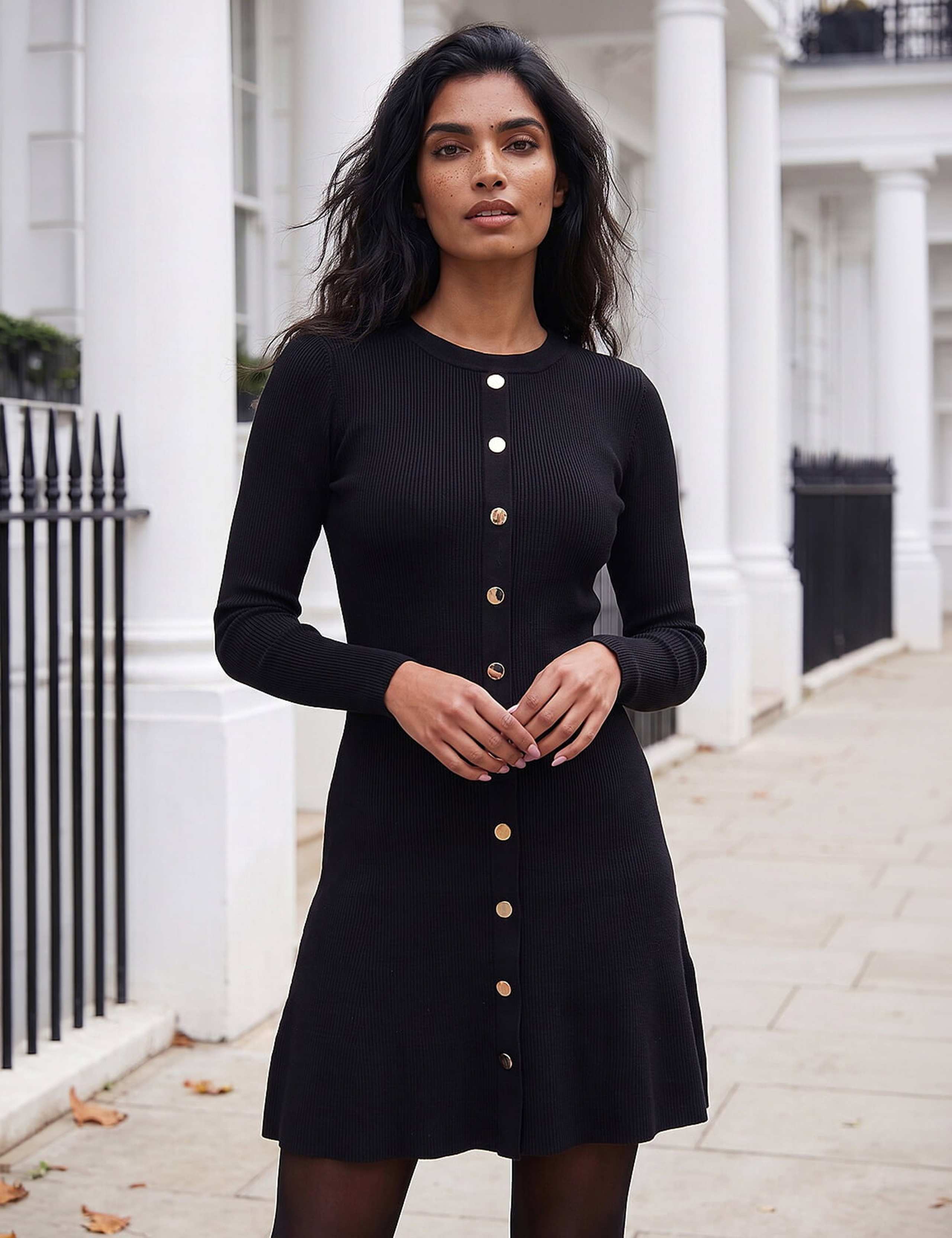Knitted Button Detail Knee Length Dress 2 of 4