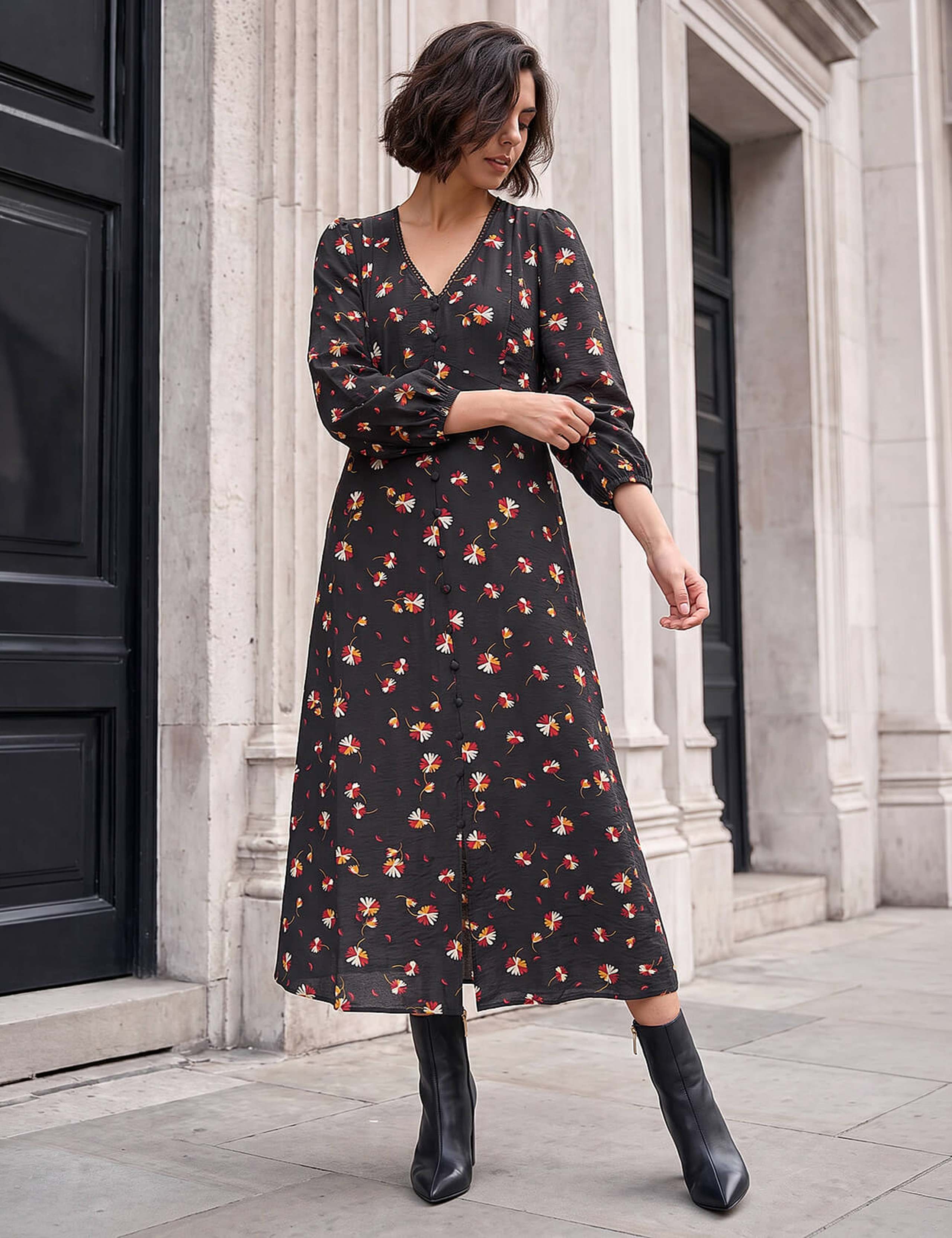 Floral Asymmetric Neck Knee Length Dress 1 of 4