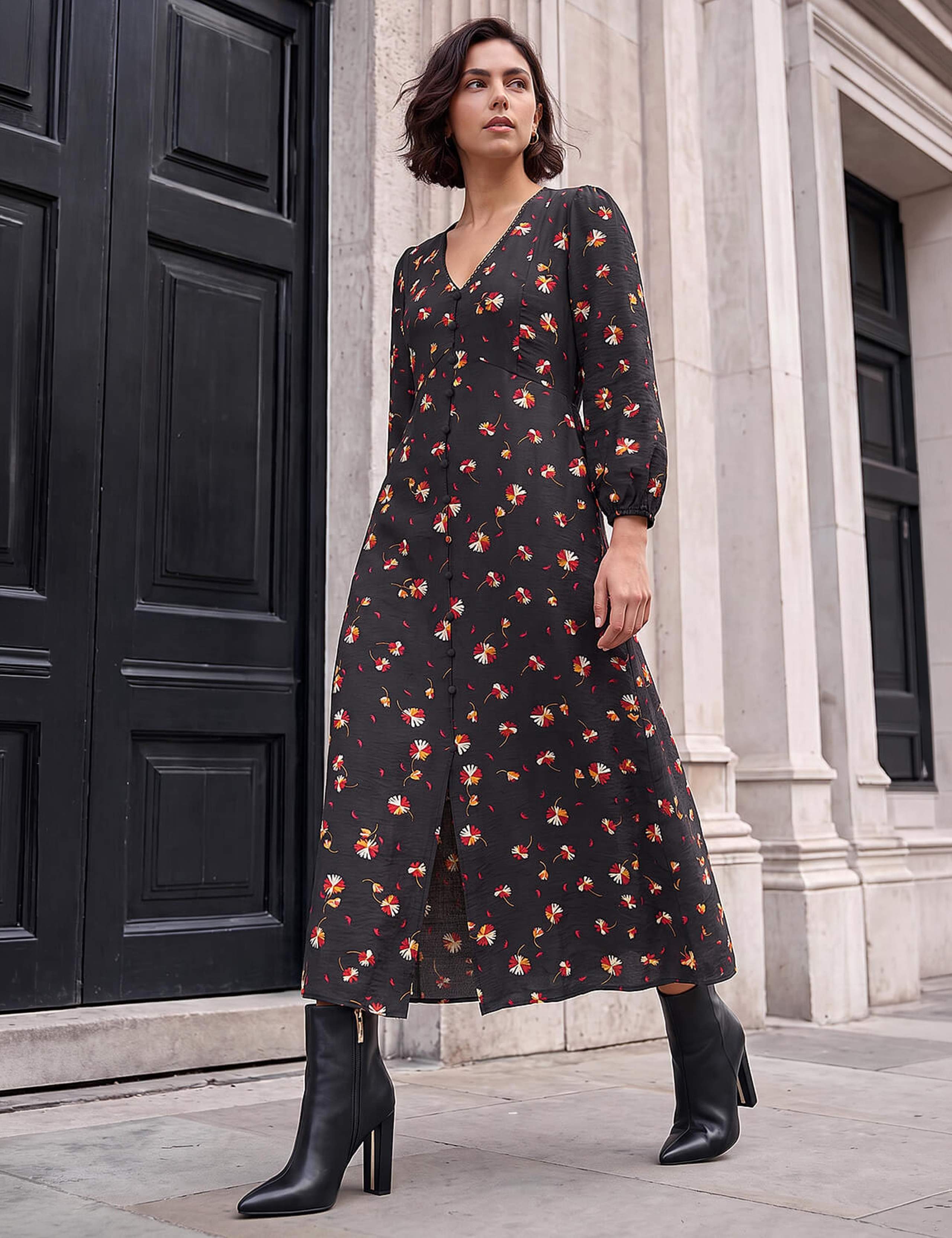 Floral Asymmetric Neck Knee Length Dress 2 of 4