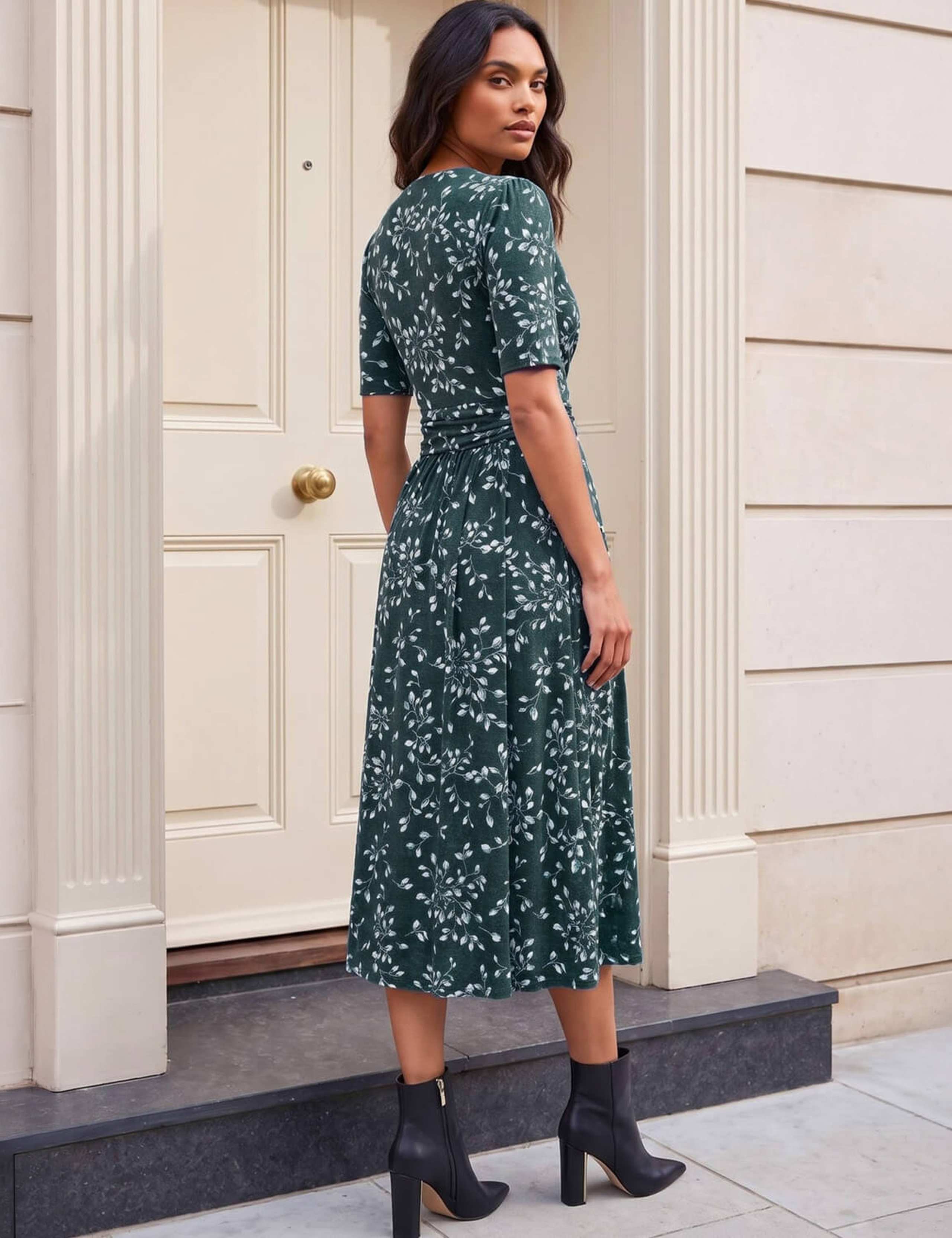 Leaf Print Knee Length Wrap Dress 2 of 4