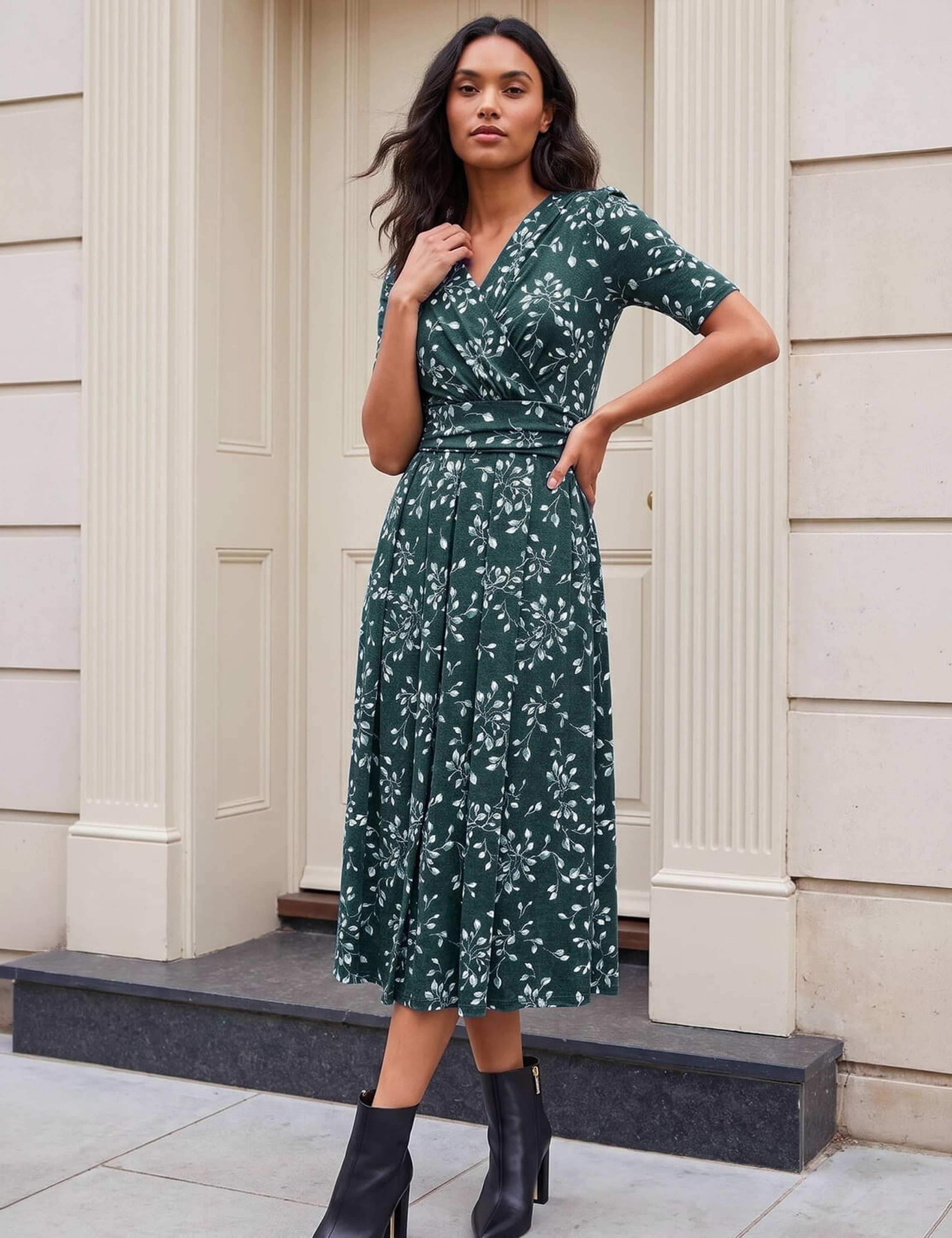 Leaf Print Knee Length Wrap Dress 3 of 4
