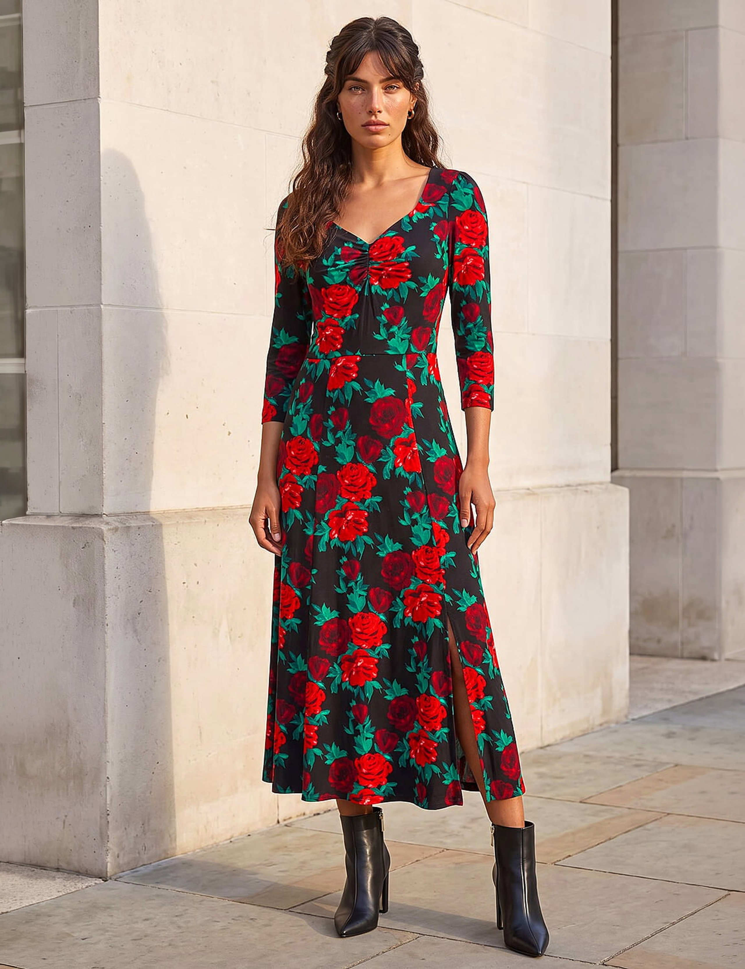 Floral Ruched Split Front Midi Dress 1 of 4