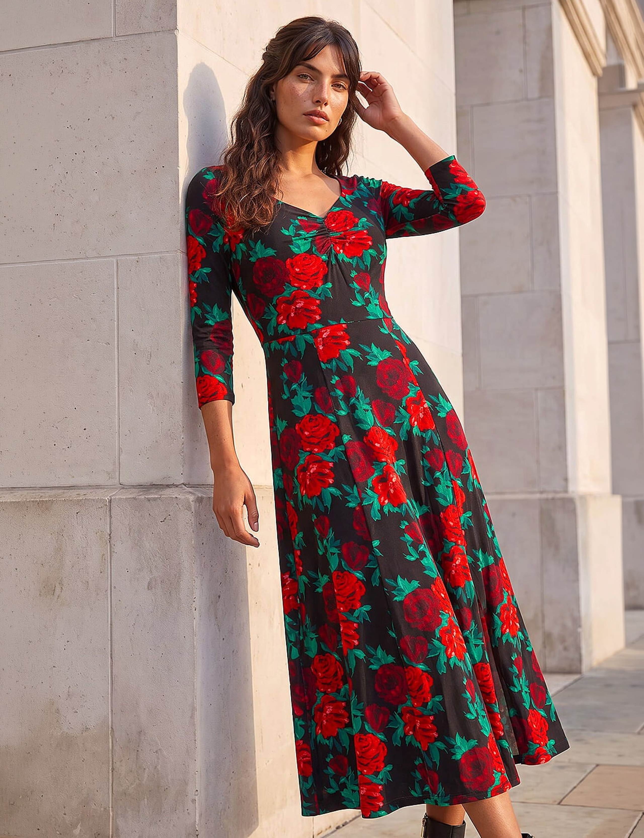 Floral Ruched Split Front Midi Dress 2 of 4