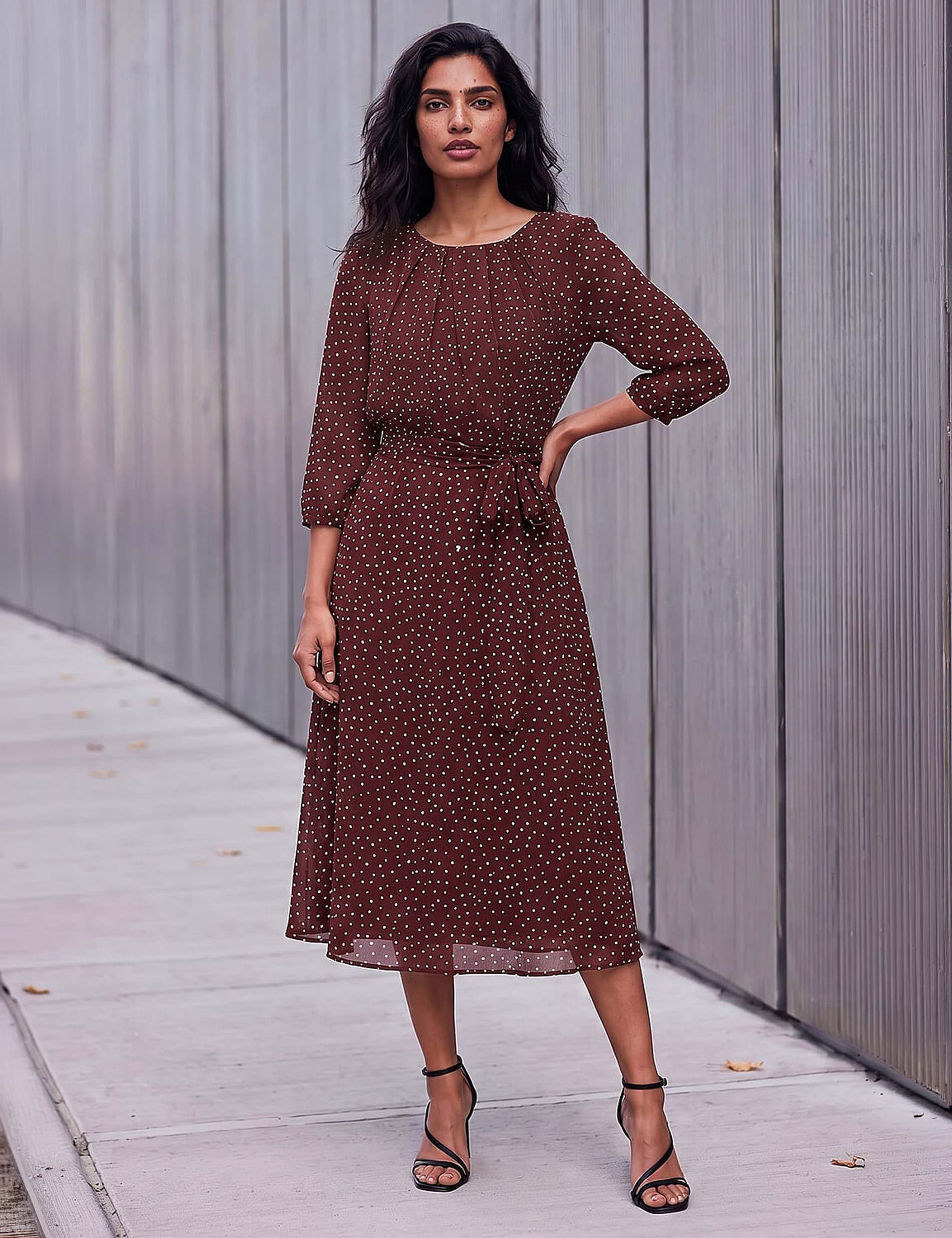 Polka Dot Puff Sleeve Knee Length Dress 2 of 4