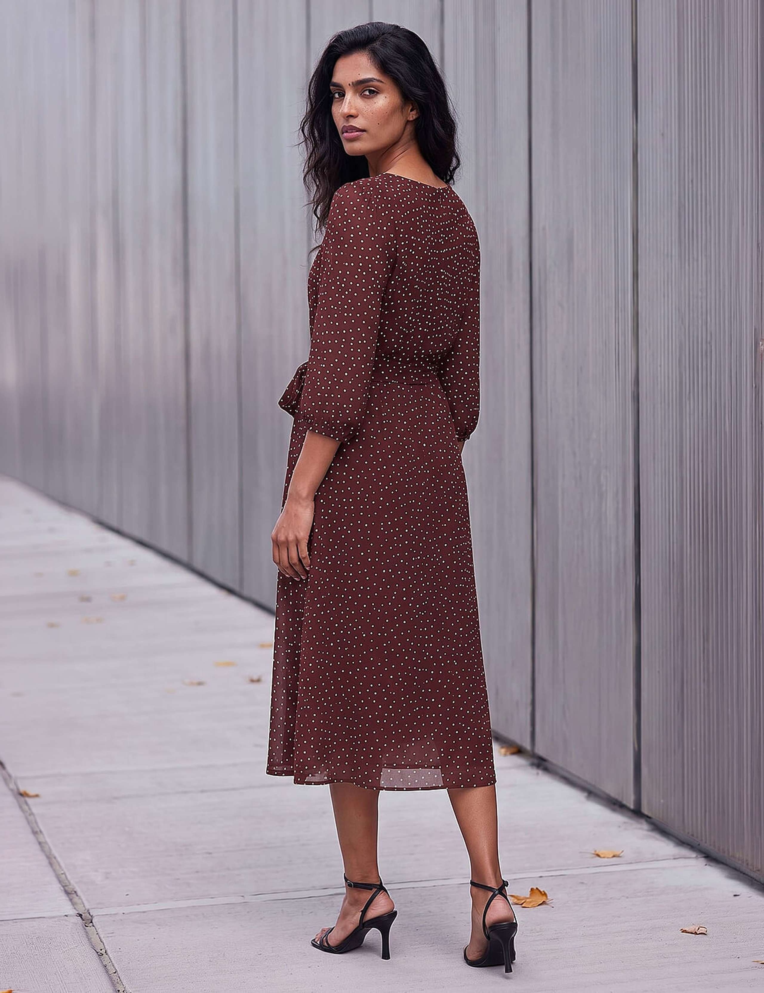 Polka Dot Puff Sleeve Knee Length Dress 3 of 4