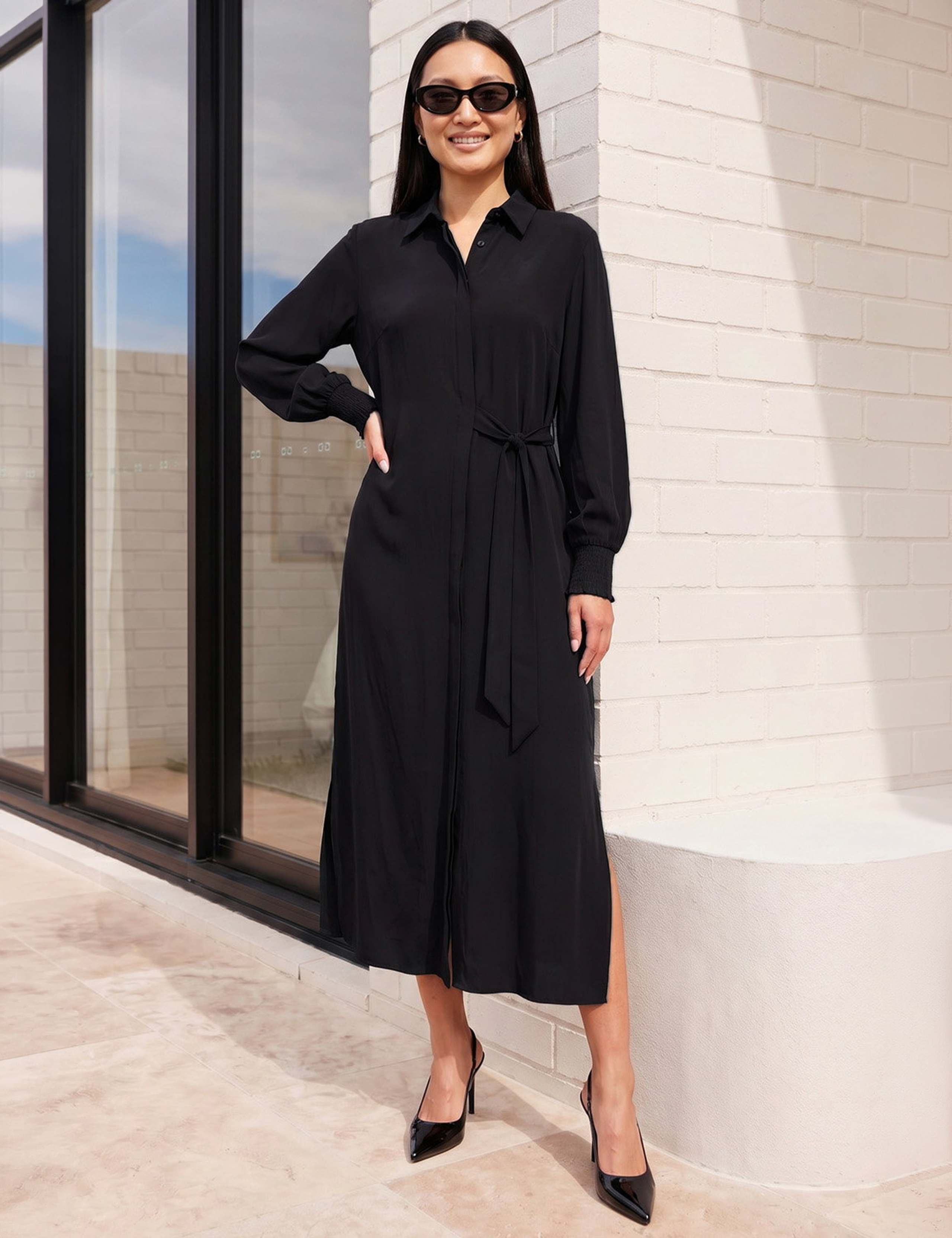 Button Front Tie Waist Midi Shirt Dress 2 of 4