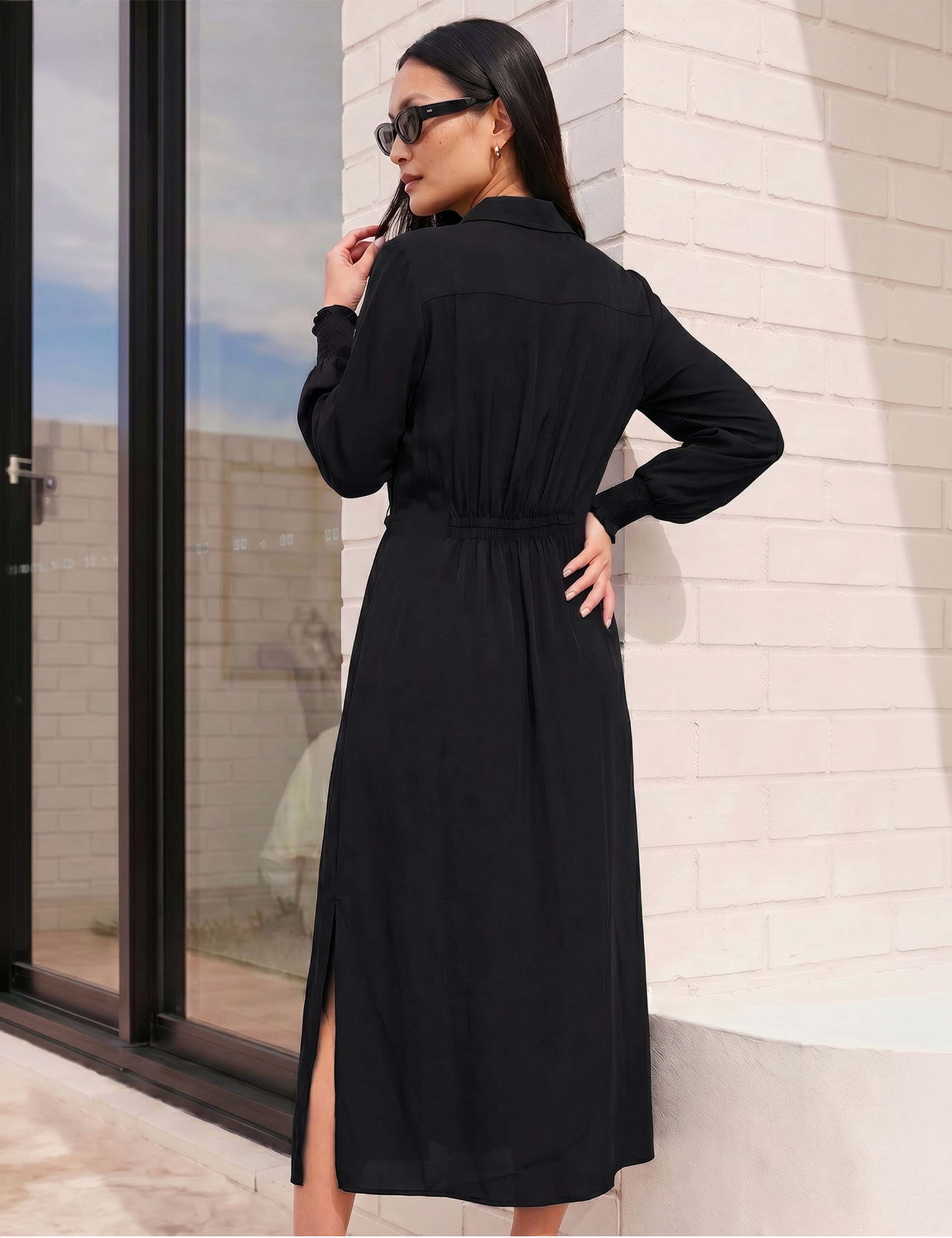 Button Front Tie Waist Midi Shirt Dress 3 of 4