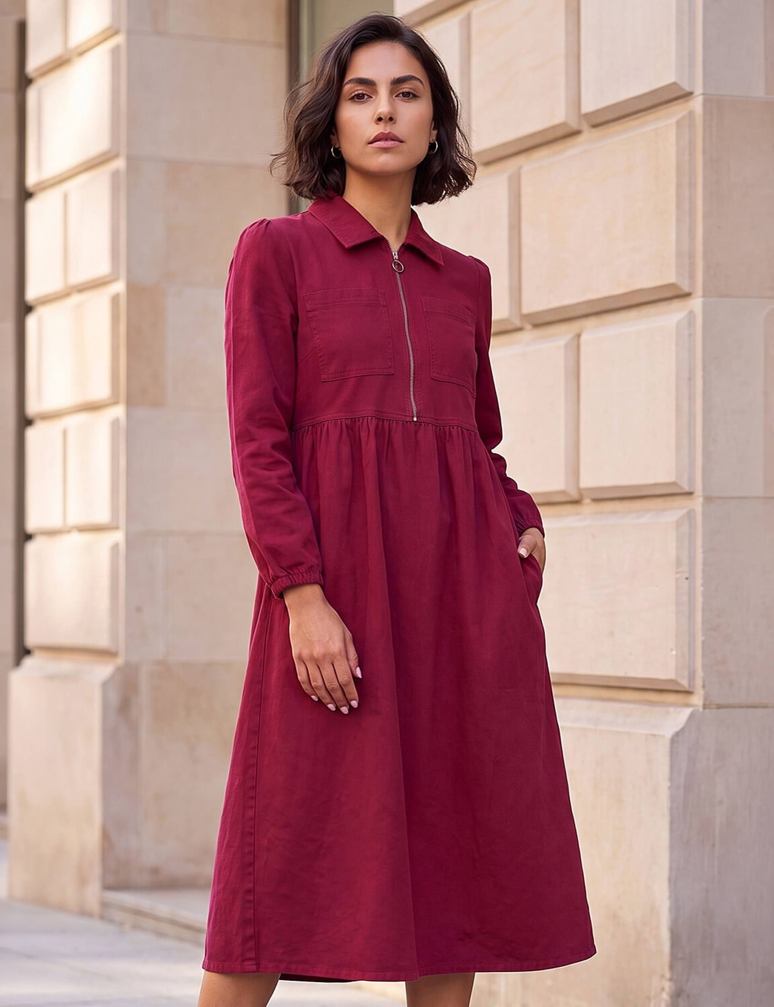 Pure Cotton Collared Zip Up Midi Dress 3 of 4