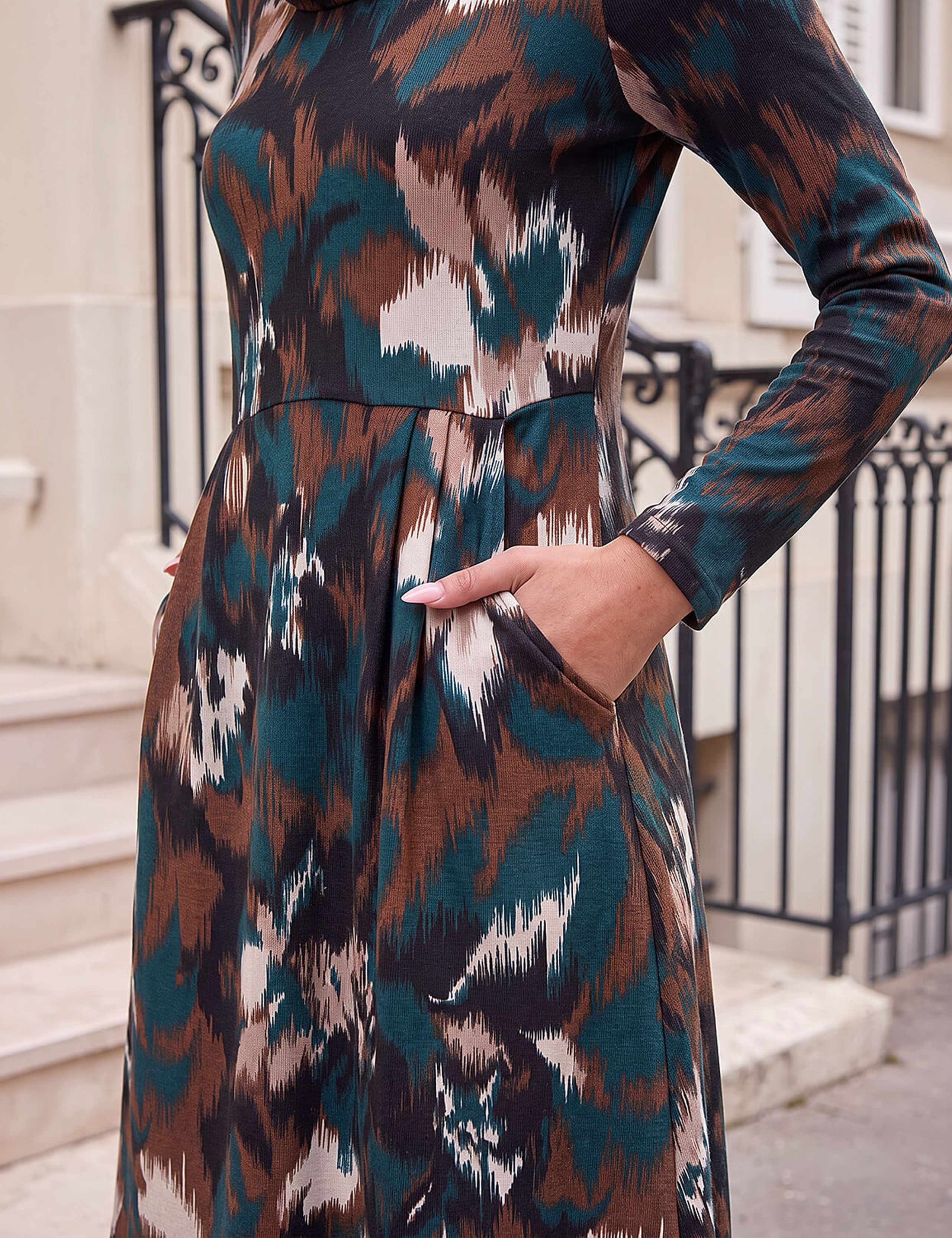 Petite Printed Cowl Neck Flared Knee Length Dress 3 of 4