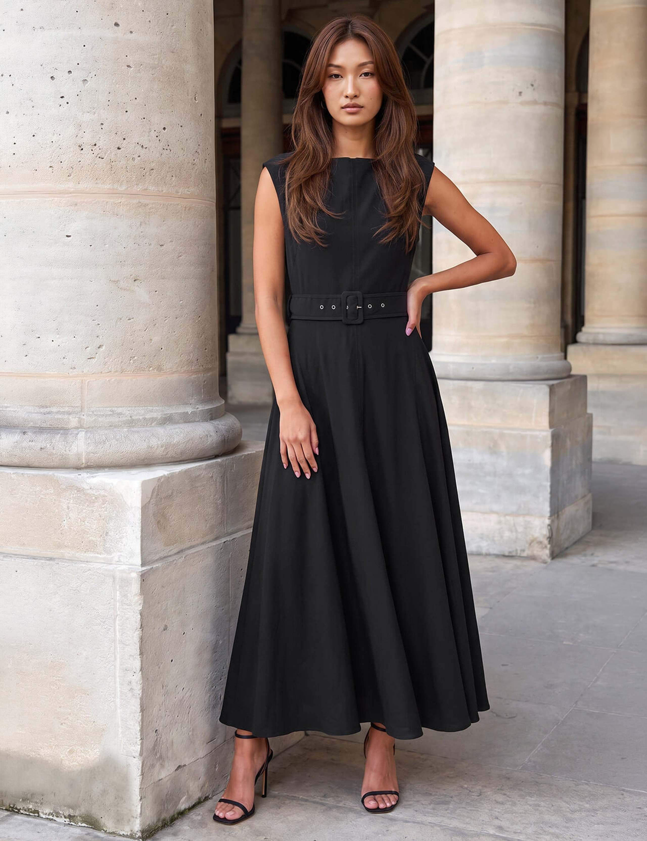 Belted Asymmetric Neck Knee Length Dress 2 of 4