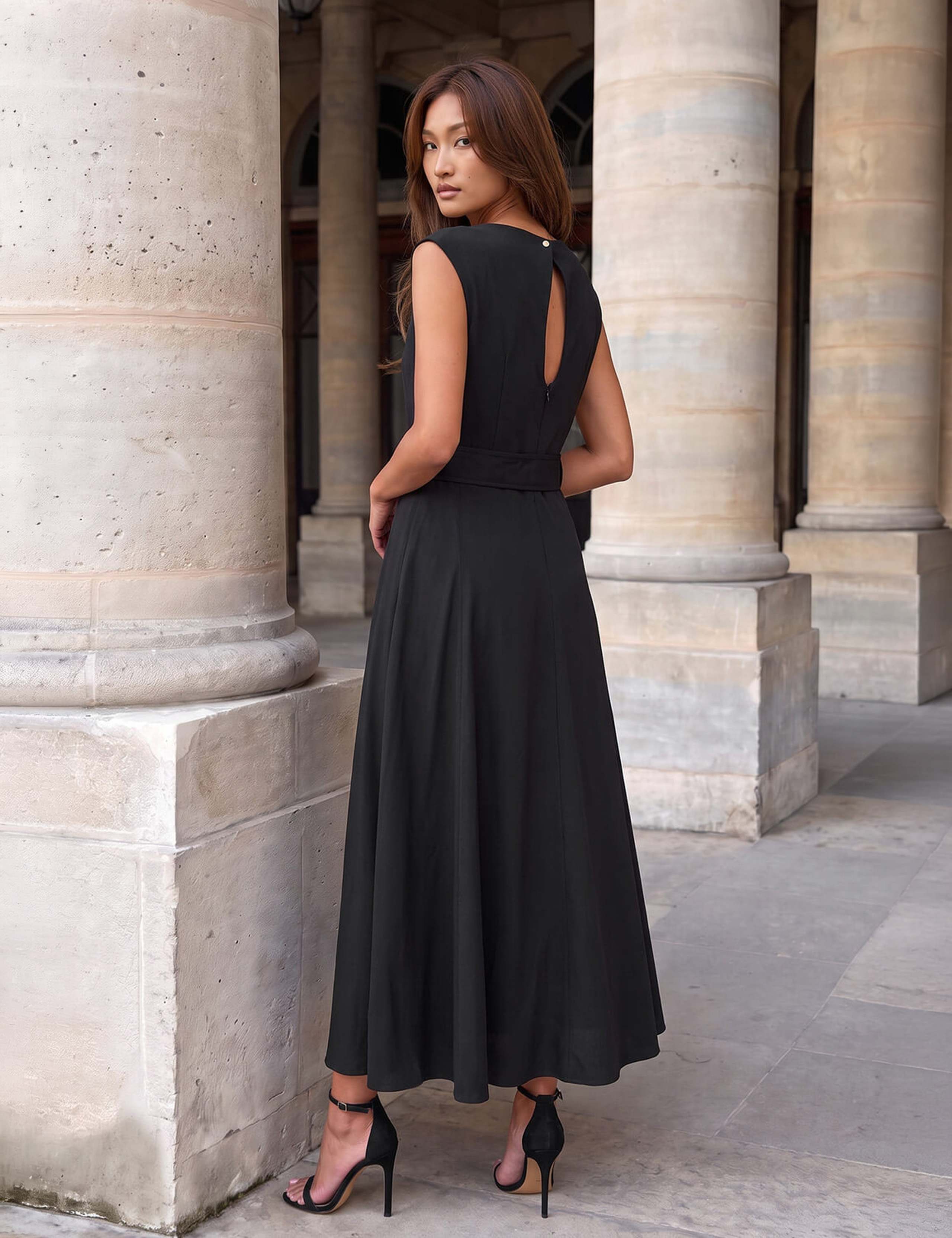 Belted Asymmetric Neck Knee Length Dress 3 of 4