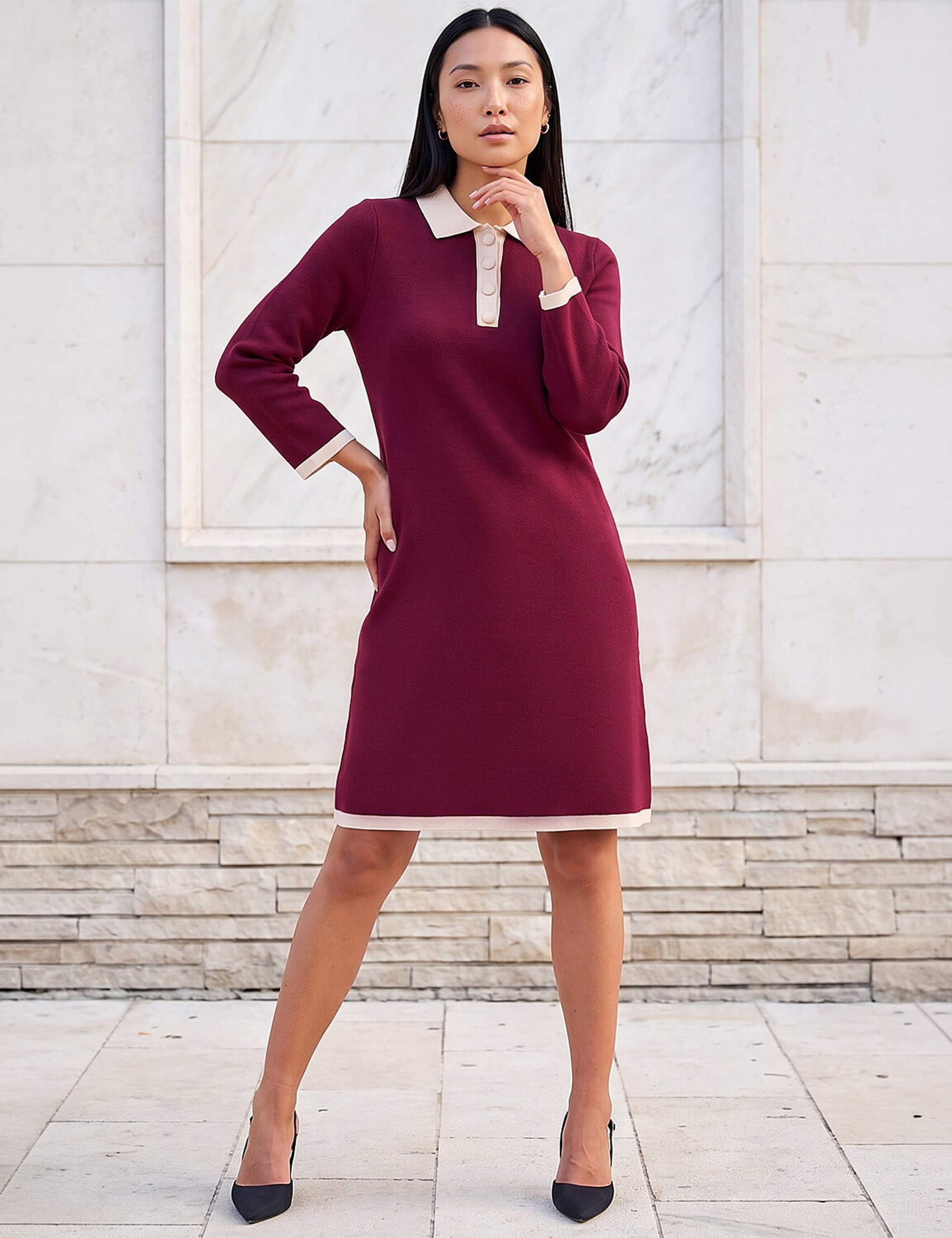 Button Detail Asymmetric Neck Knee Length Dress 2 of 4