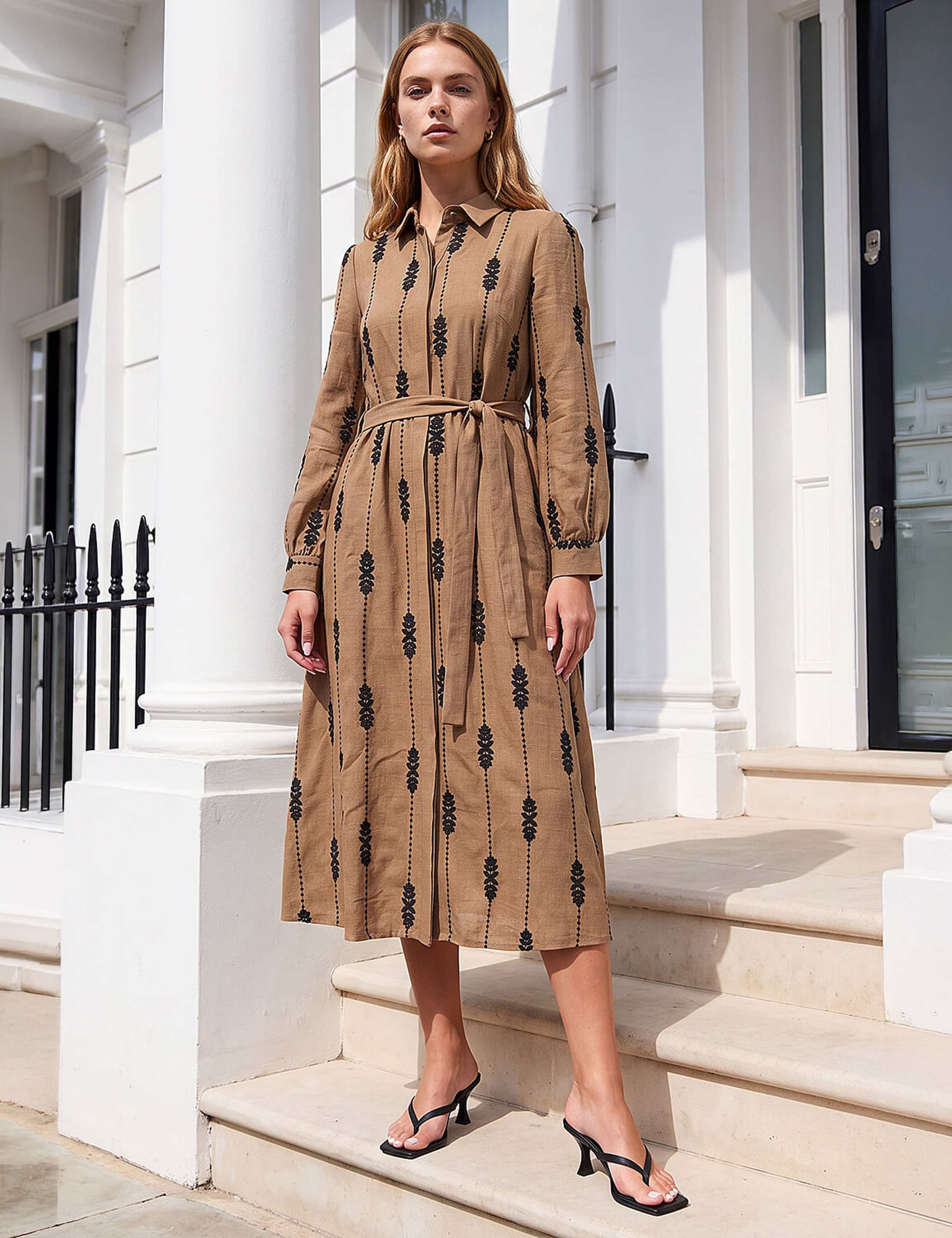 Embroidered Belted Midi Dress 2 of 4