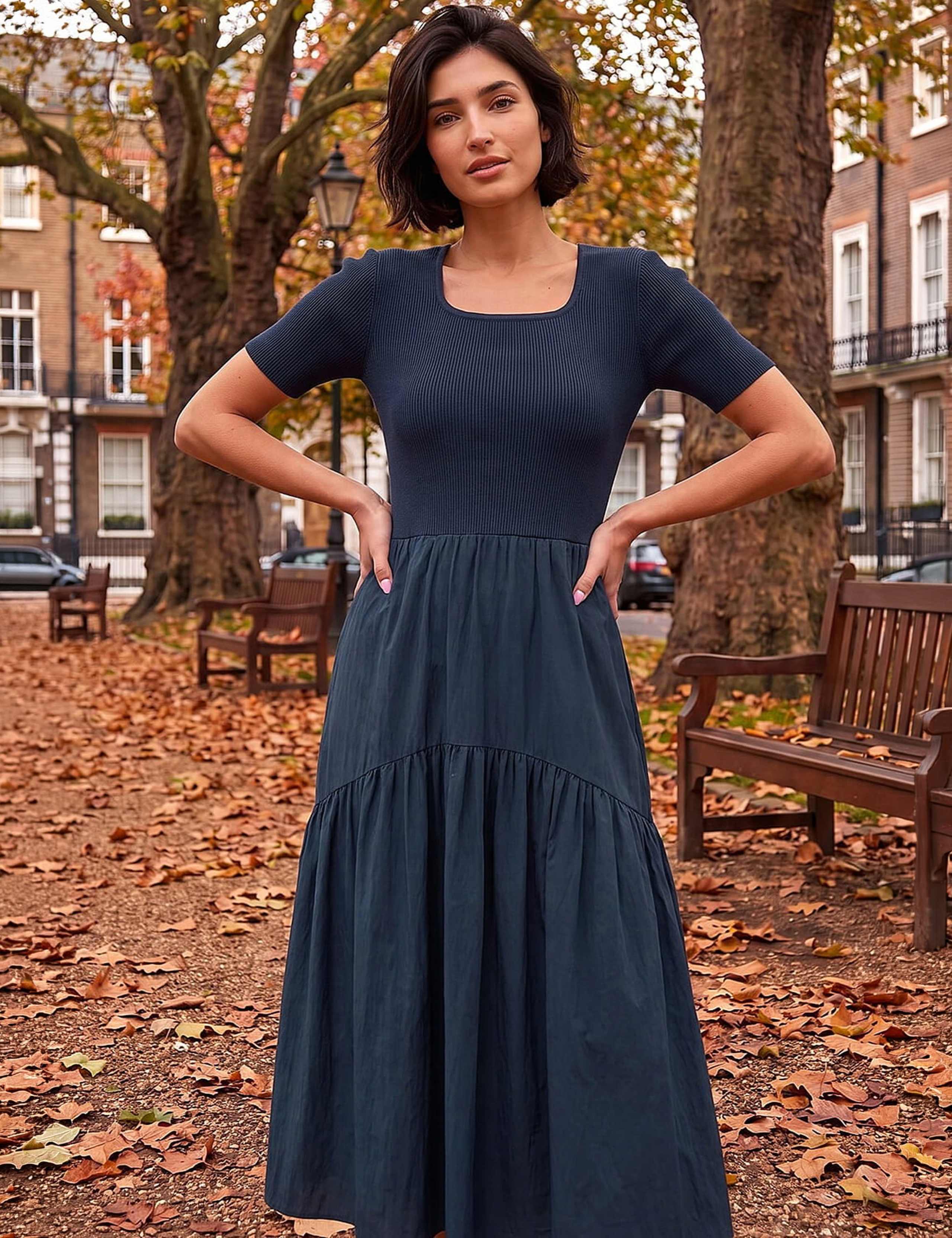 Knit Woven Mix Knee Length Dress 2 of 4