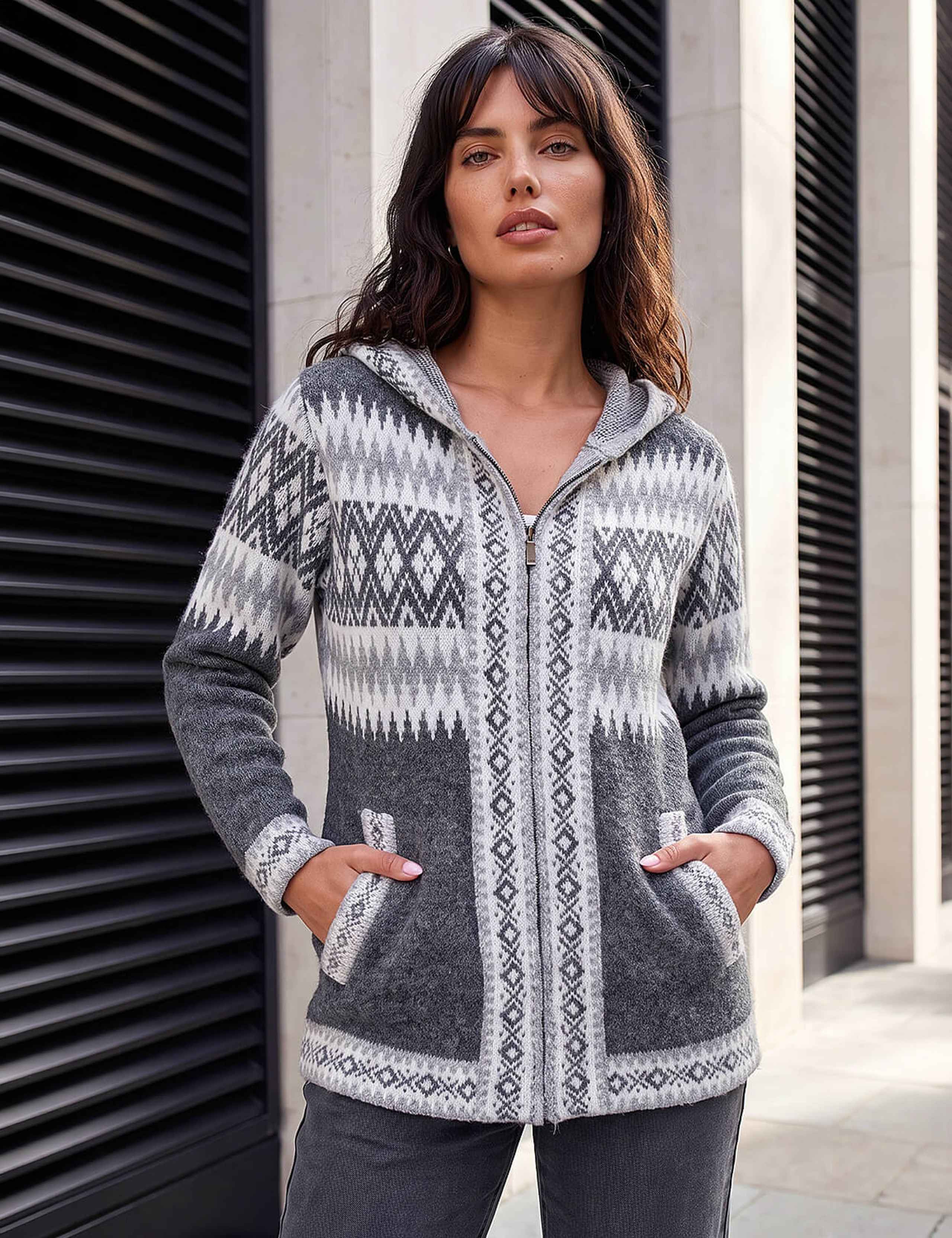 Jacquard Zip Up Hooded Cardigan 1 of 4