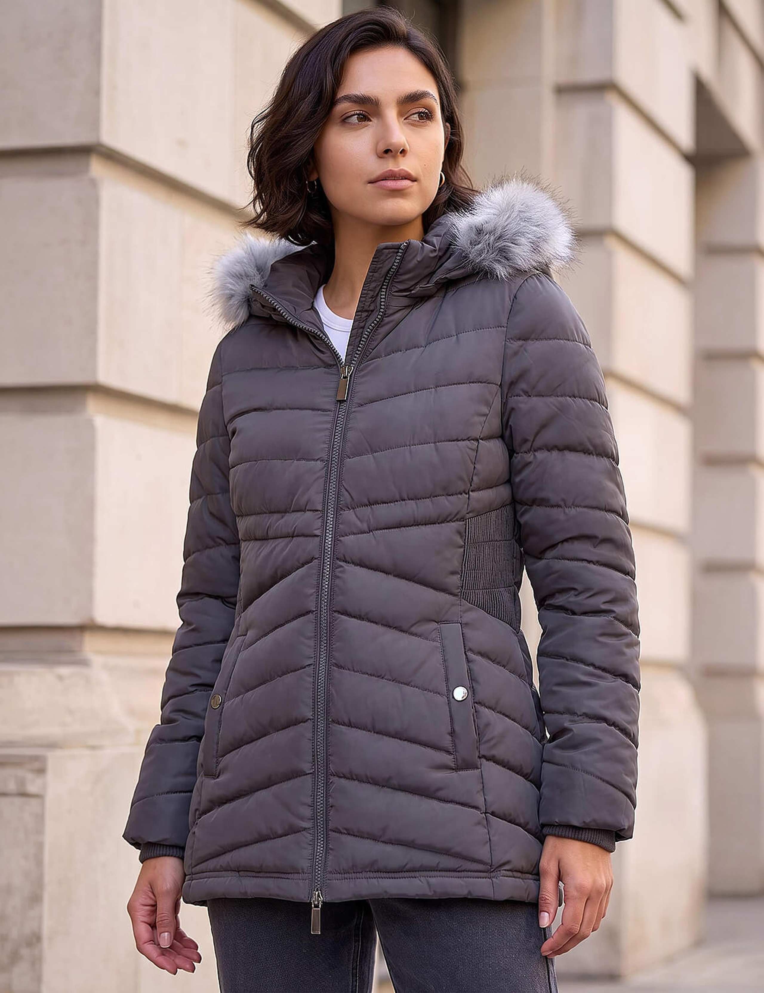 Faux Fur Quilted Hooded Coat 1 of 4