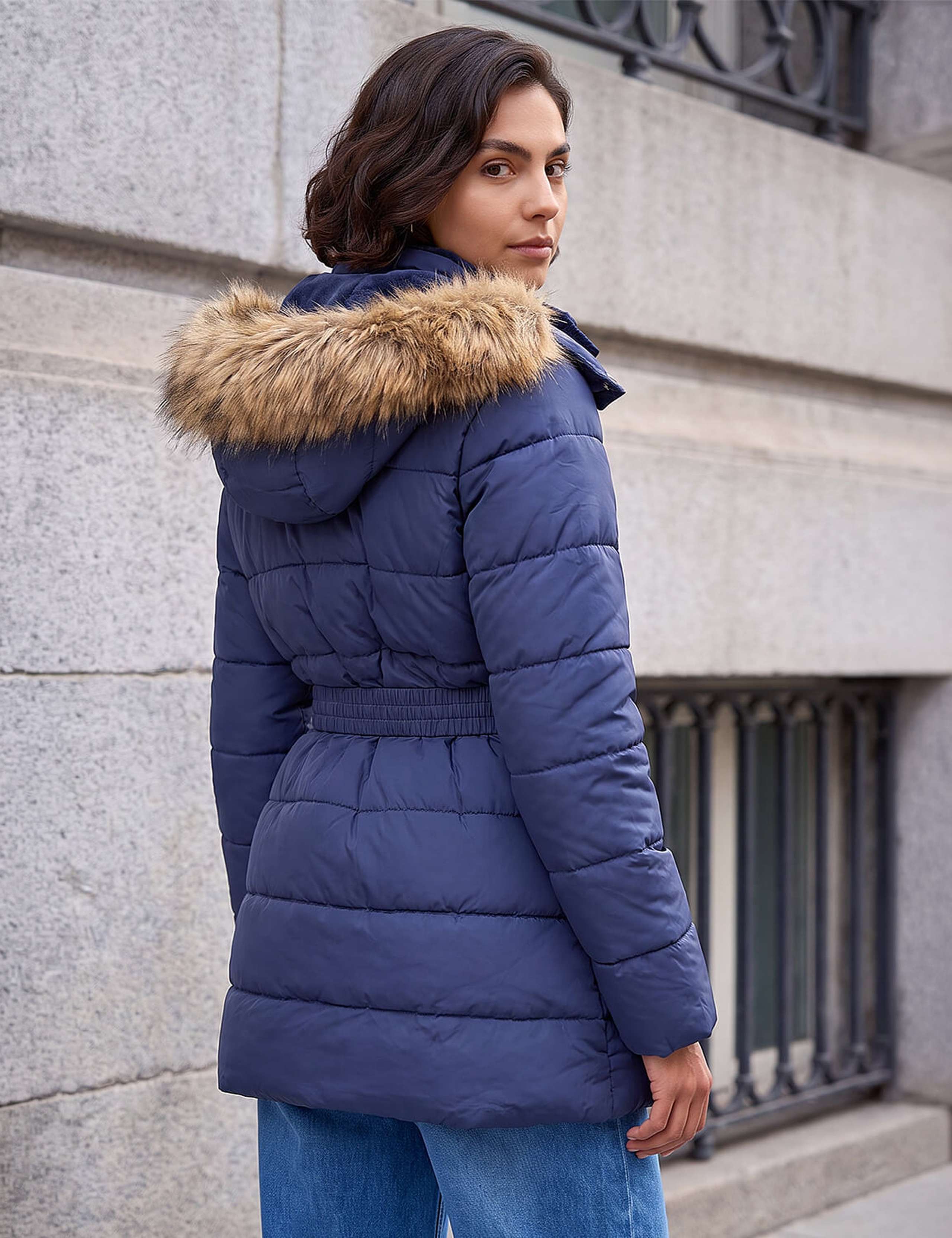Padded Belted Faux Fur Trim Coat 4 of 4