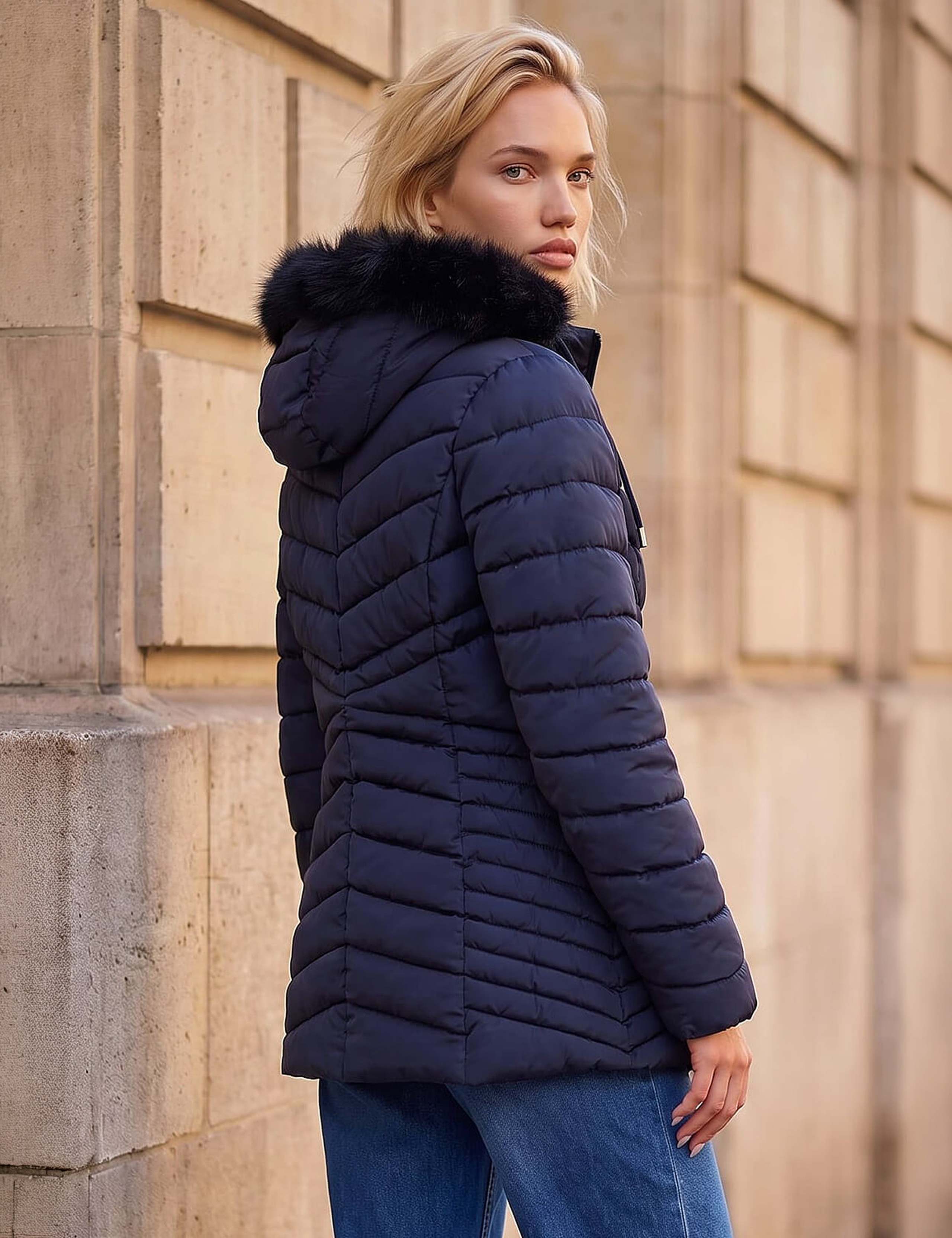 Padded Faux Fur Trim Hooded Coat 4 of 4