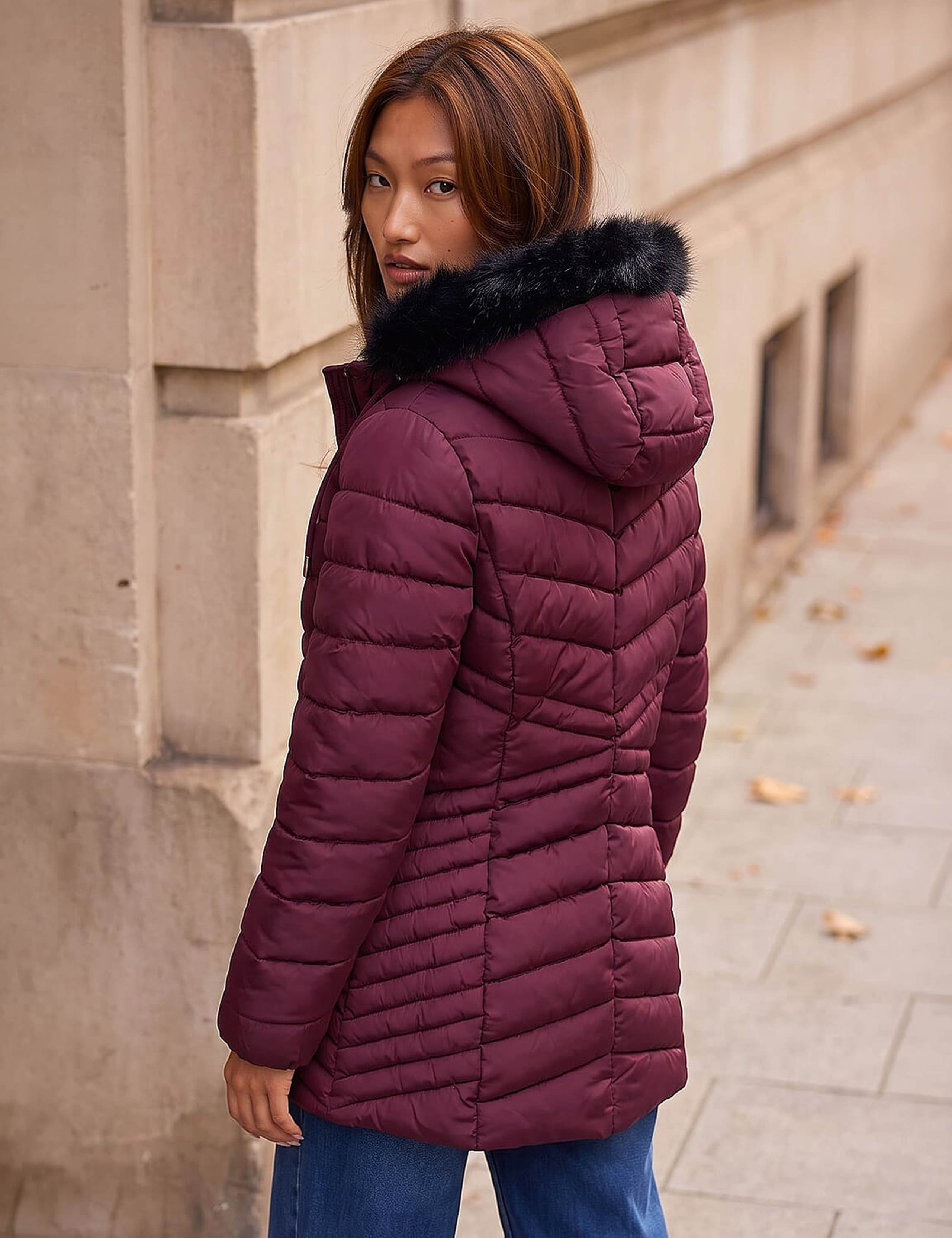 Padded Faux Fur Trim Hooded Coat 4 of 4