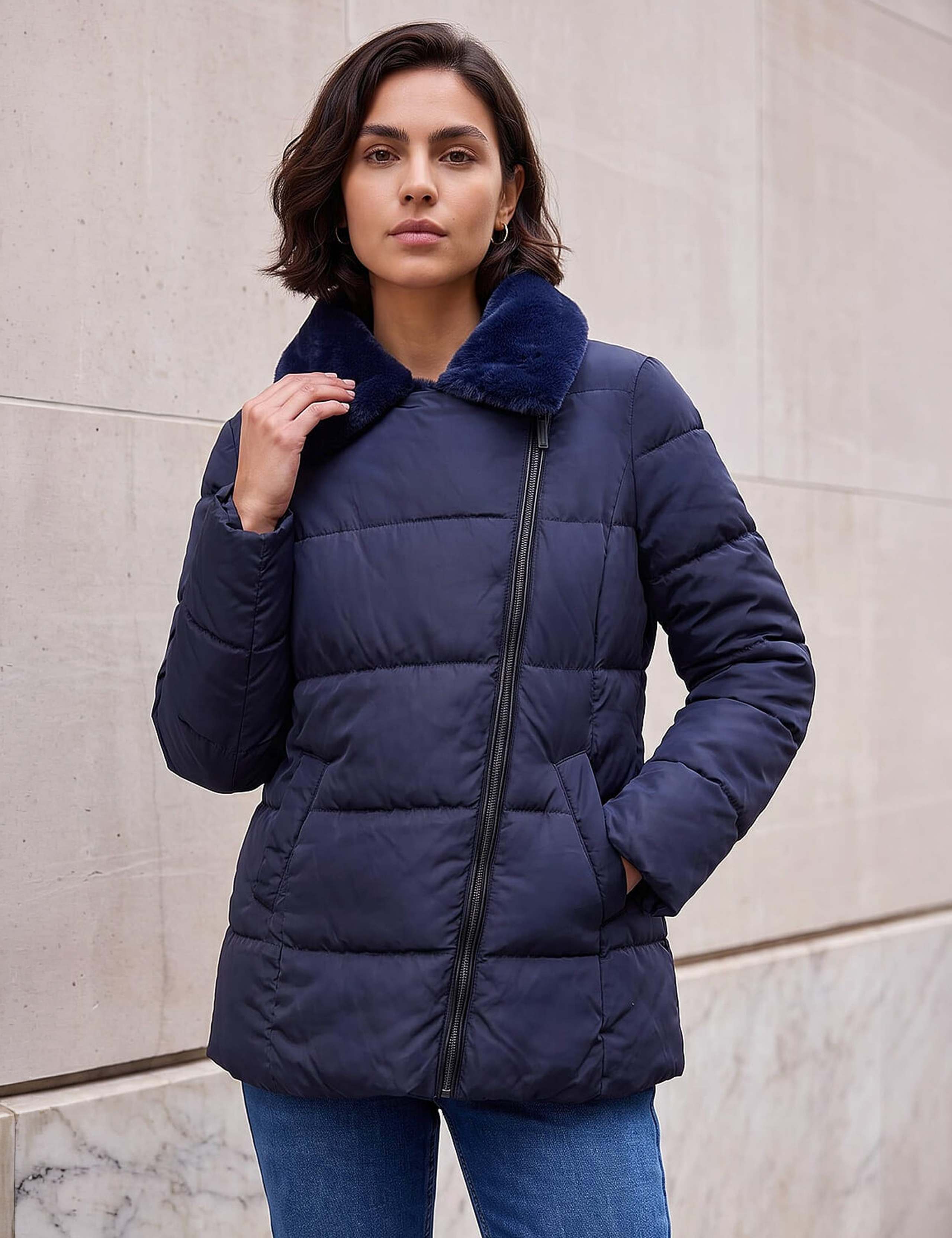 Padded Faux Fur Trim Biker Jacket 2 of 4