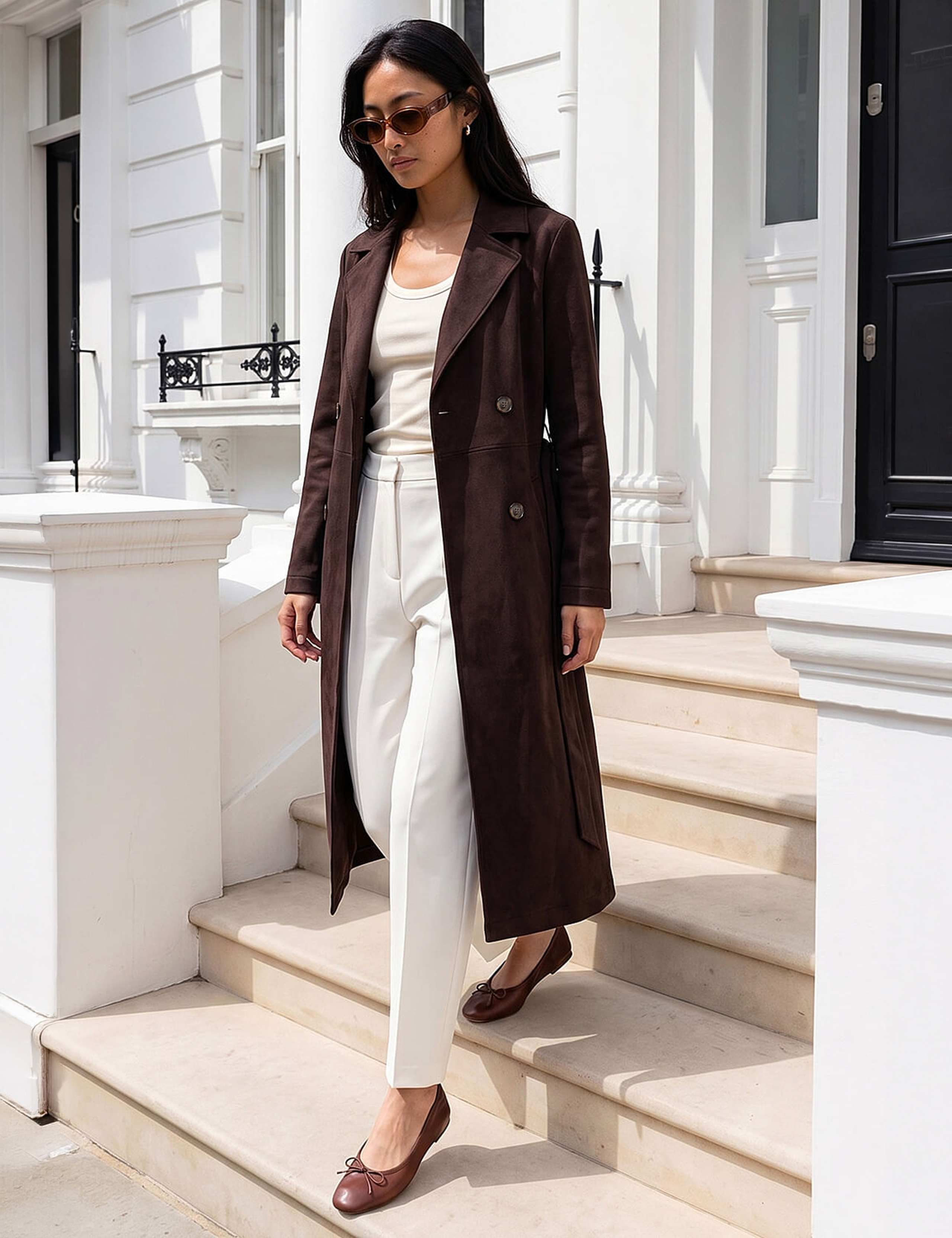 Petite Suedette Belted Double Breasted Trench Coat 2 of 4