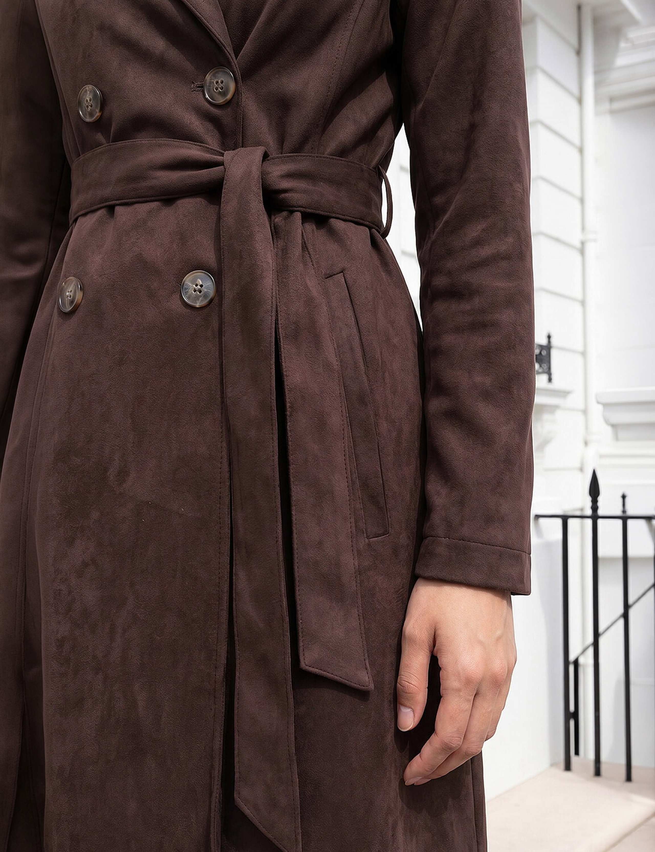 Petite Suedette Belted Double Breasted Trench Coat 3 of 4