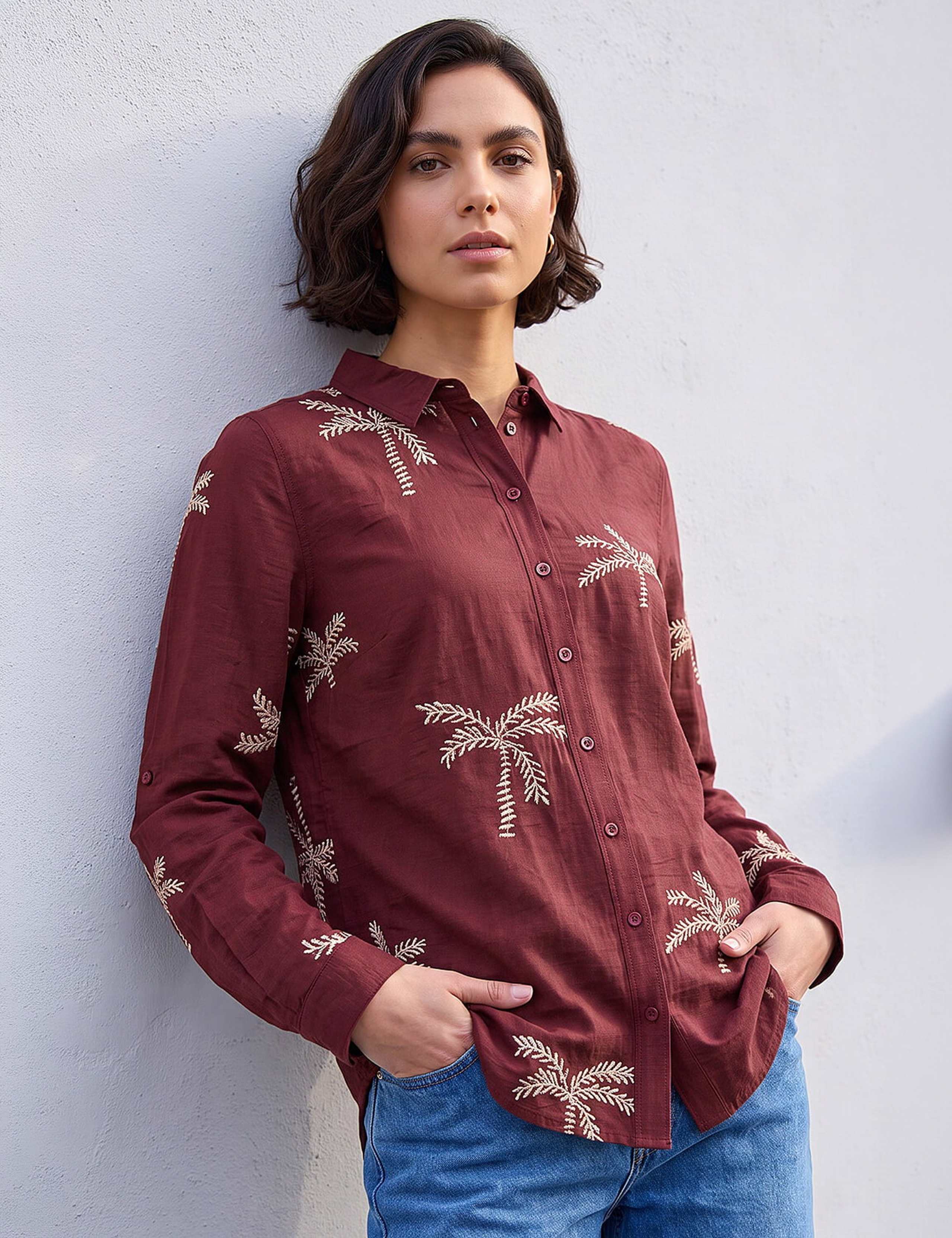 Embroidered Palm Print Blouse 1 of 4