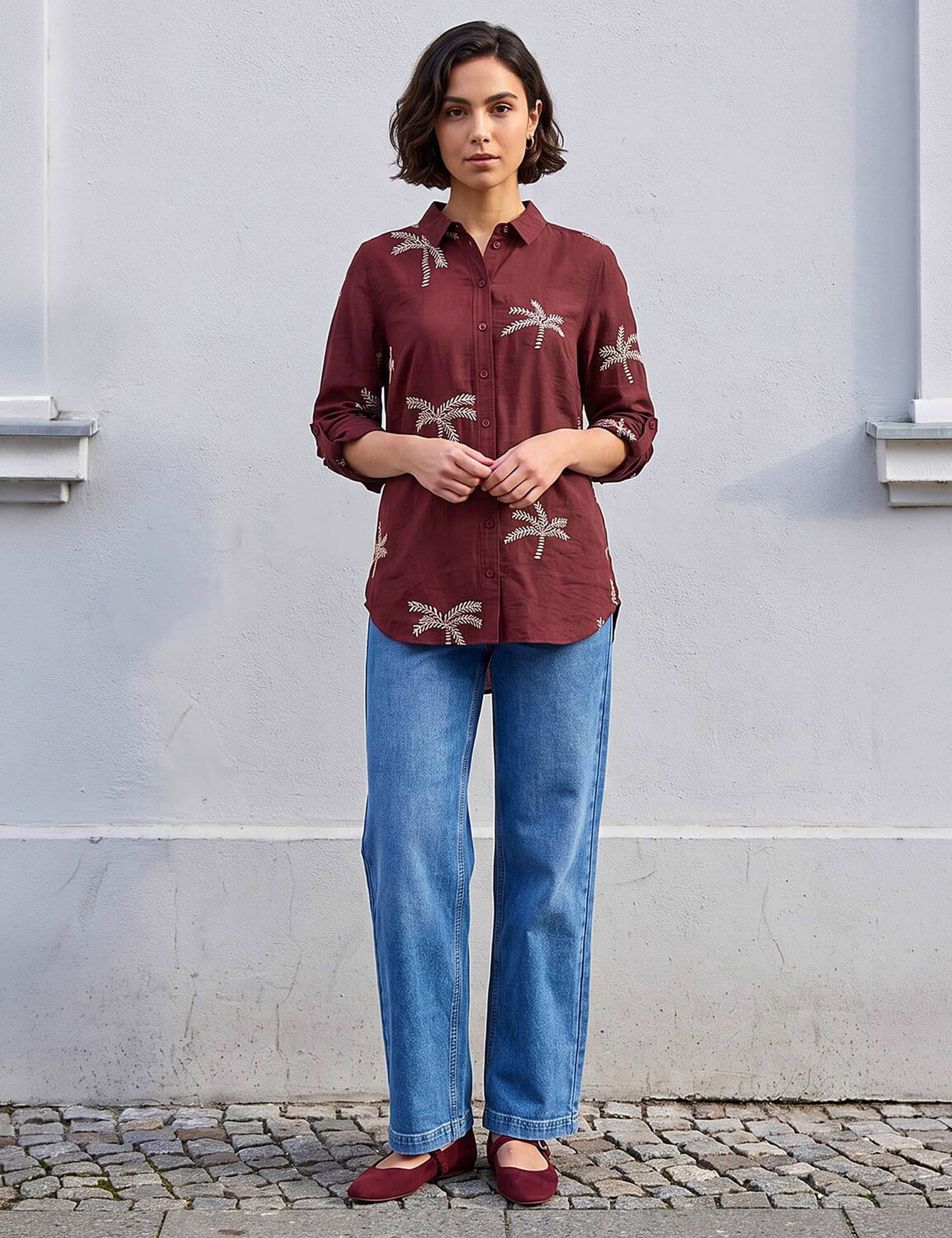 Embroidered Palm Print Blouse 2 of 4