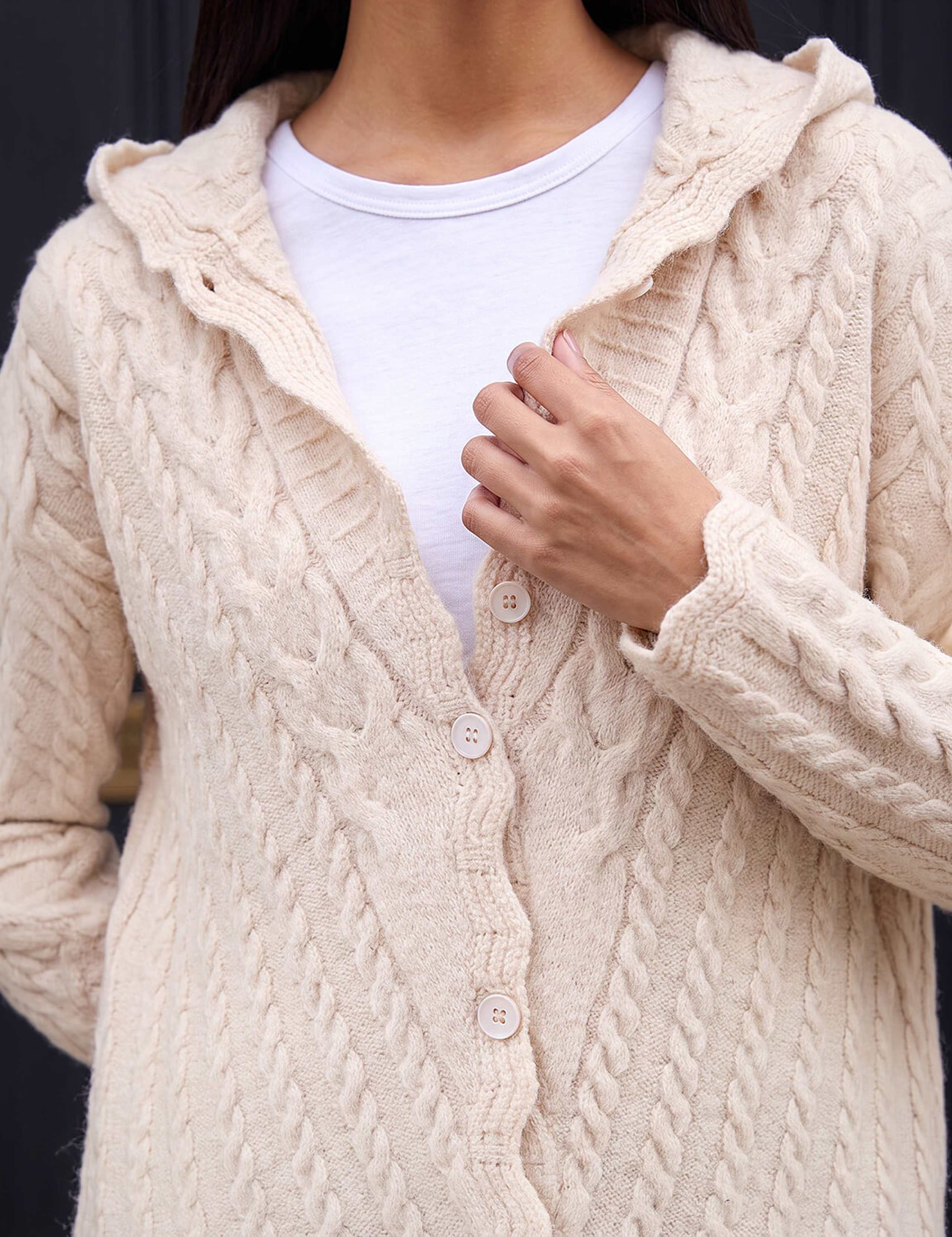 Petite Cable Knit Button Front Hooded Cardigan 4 of 4