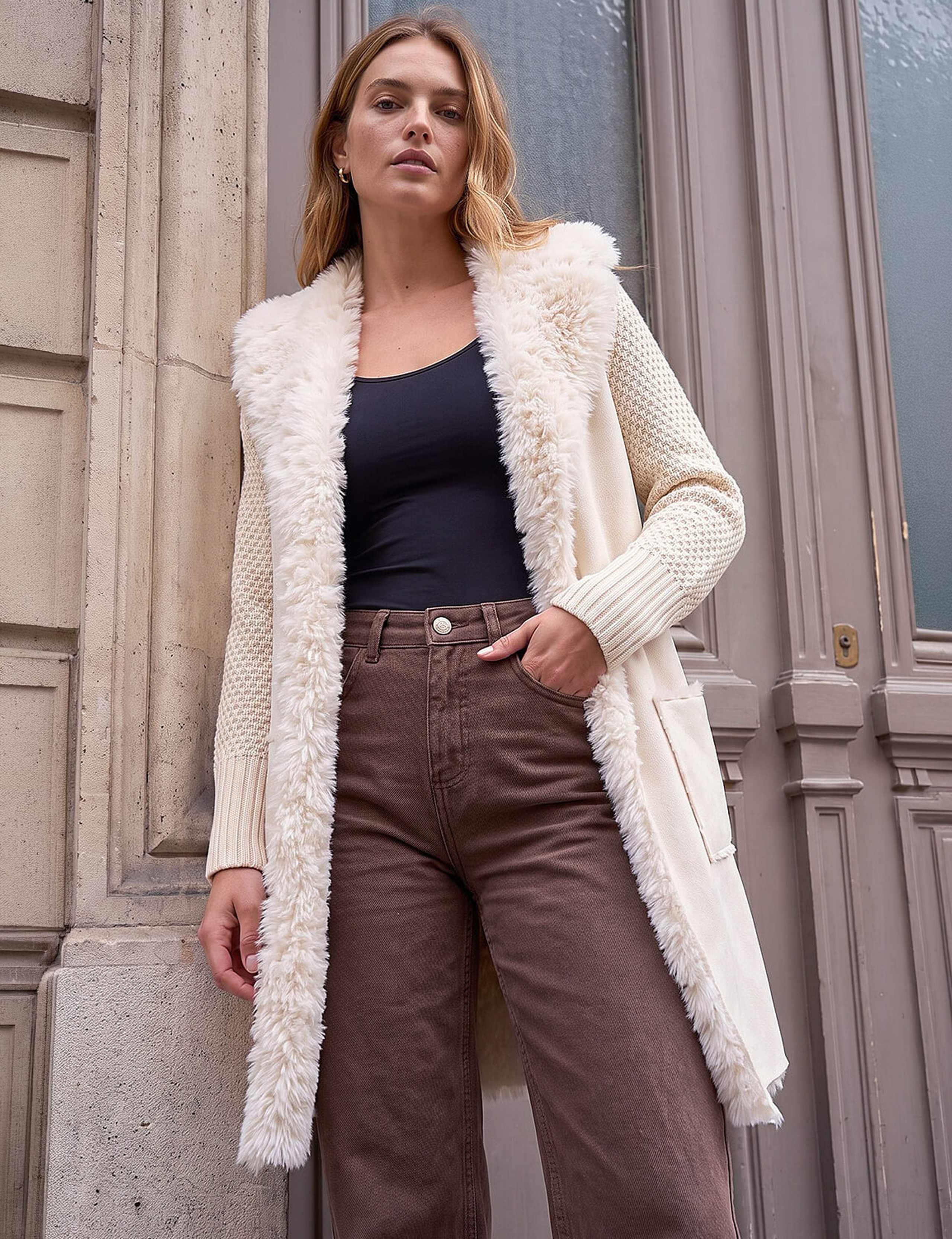 Longline Faux Shearling Knit Coatigan 1 of 4