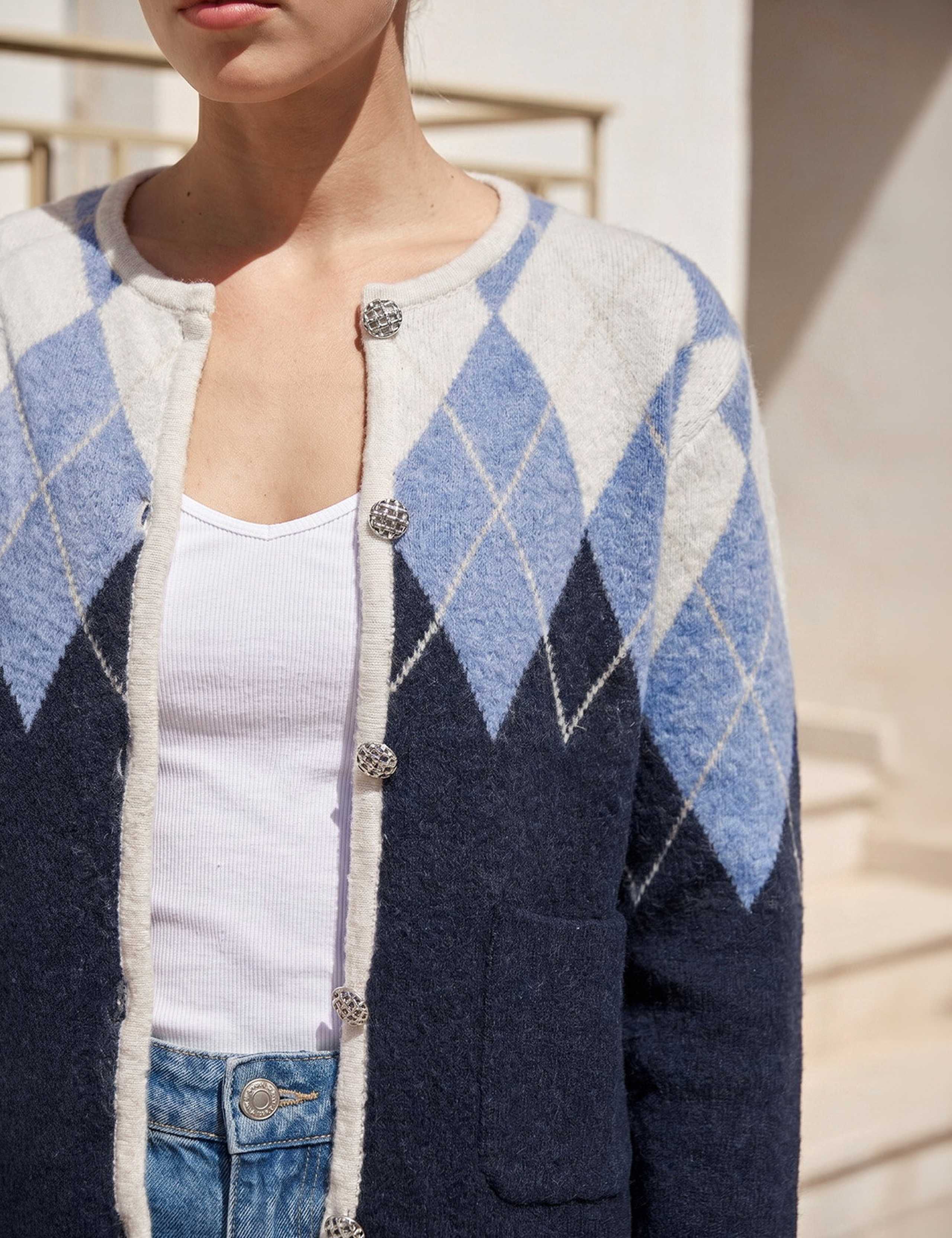 Petite Argyle Round Neck Button Front Cardigan 4 of 4