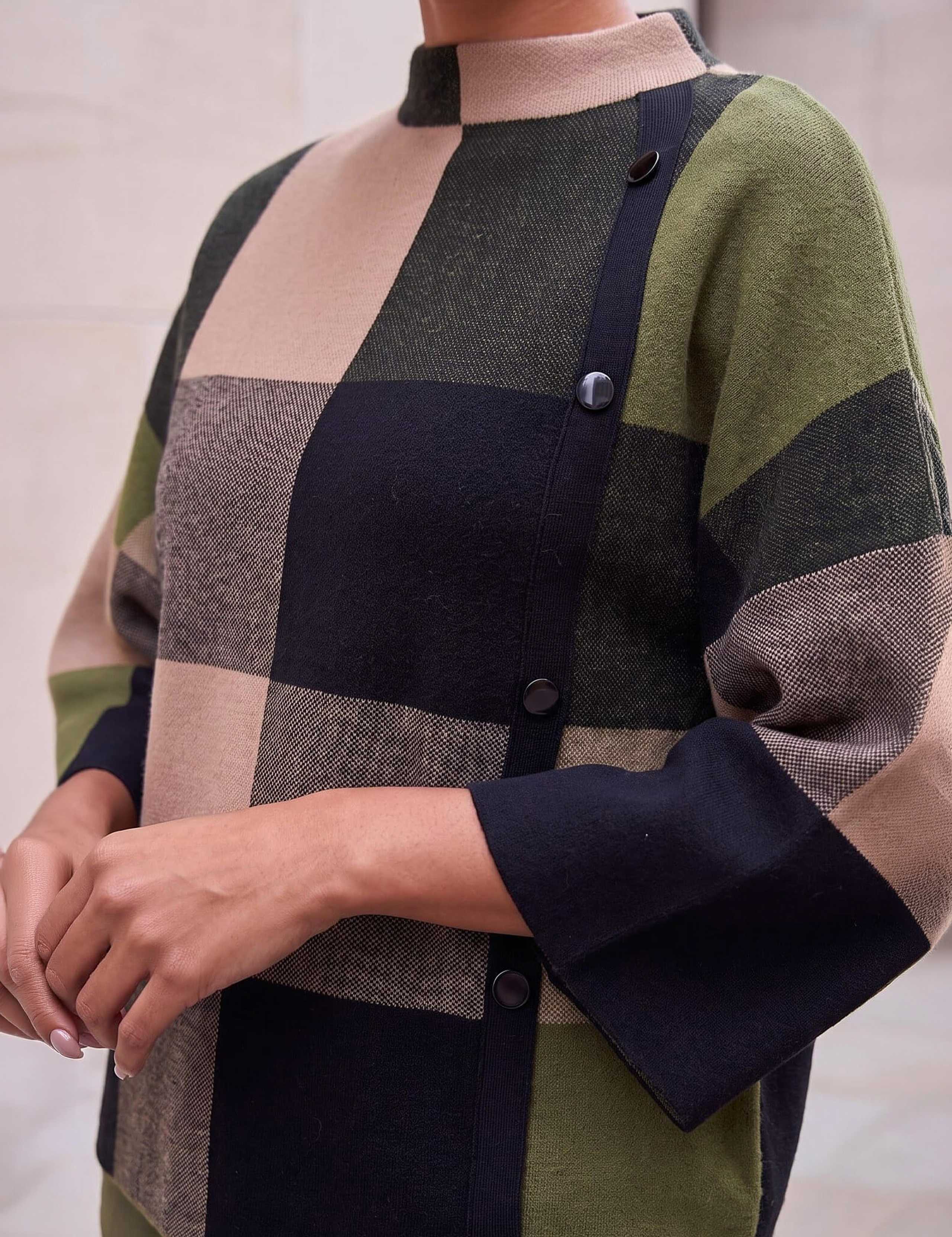 Checked Button Detail Knitted Cape 2 of 4