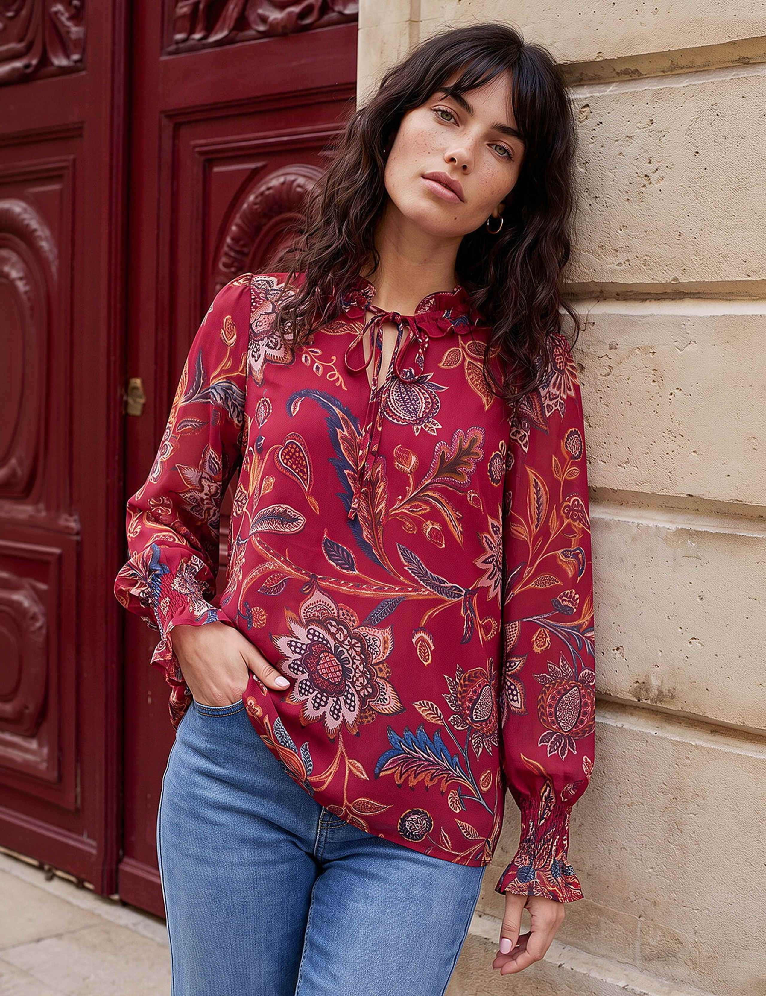 Floral Print Tie Front V Neck Top 1 of 4