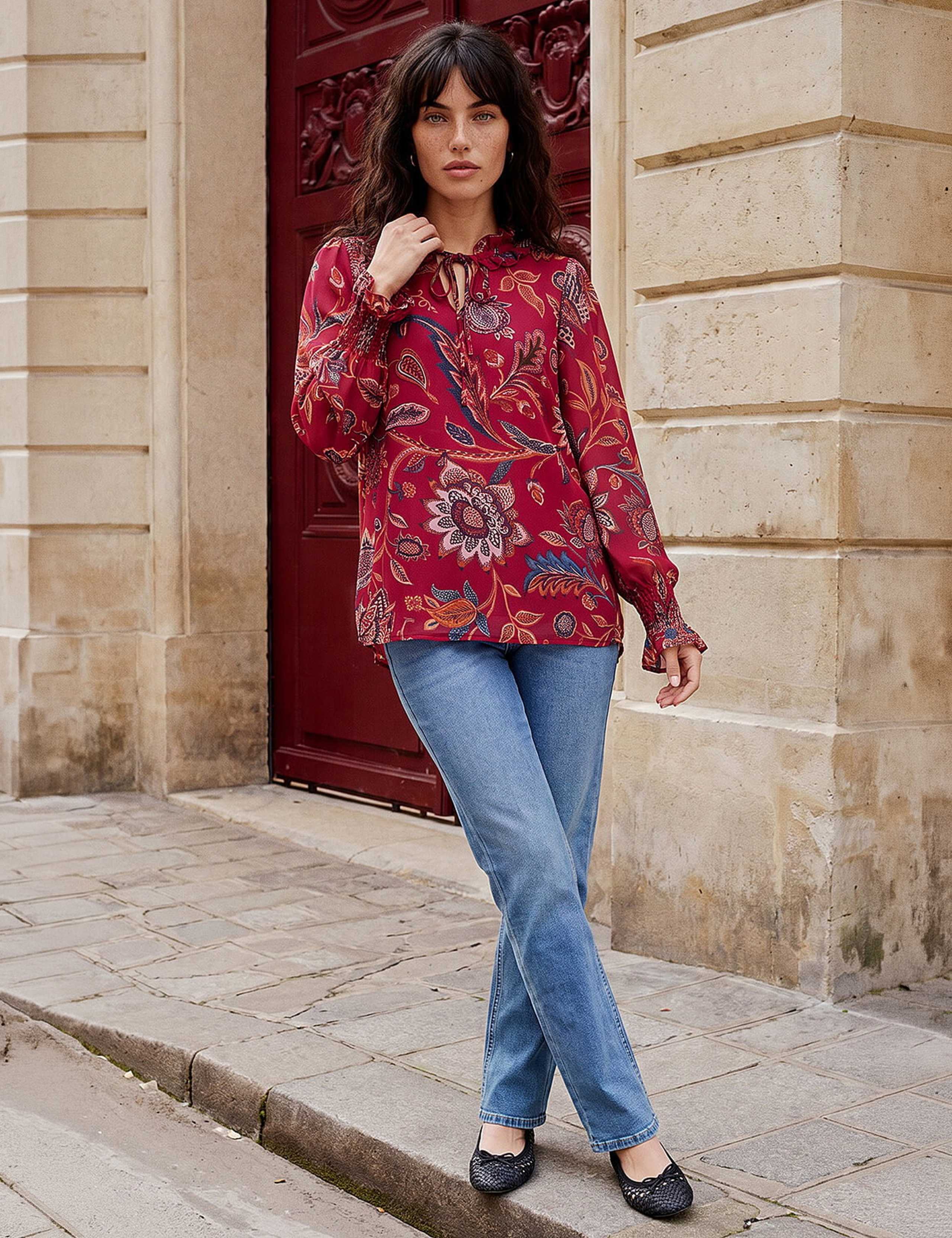 Floral Print Tie Front V Neck Top 2 of 4