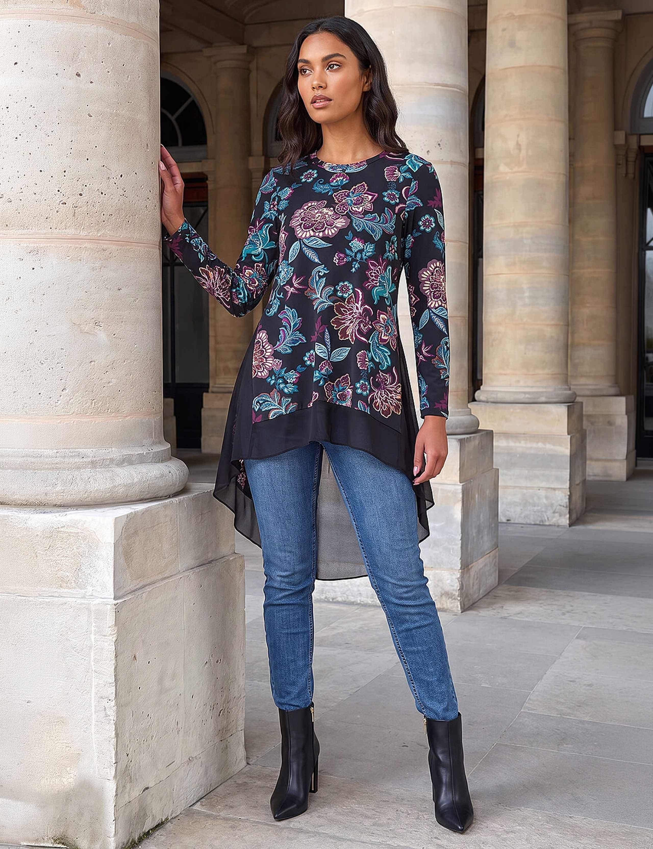 Floral Puff Print Collared Godet Hem Top 2 of 4
