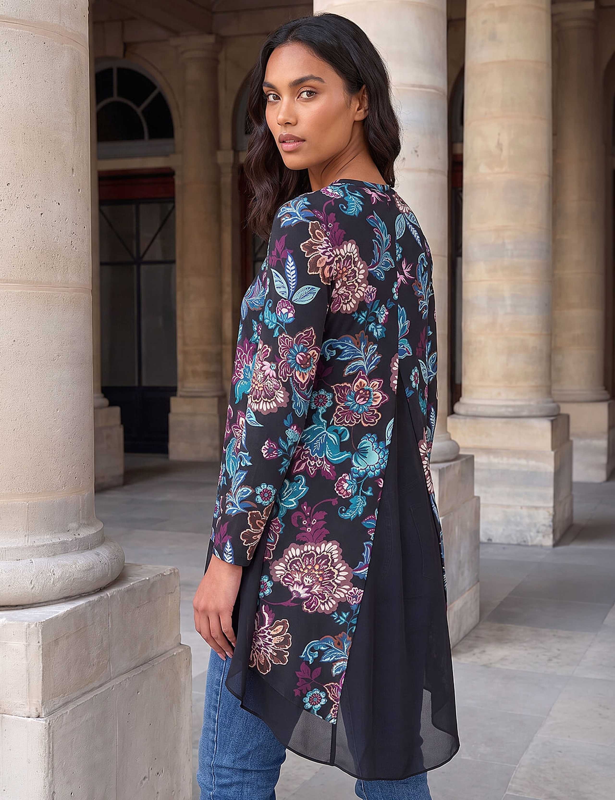 Floral Puff Print Collared Godet Hem Top 3 of 4