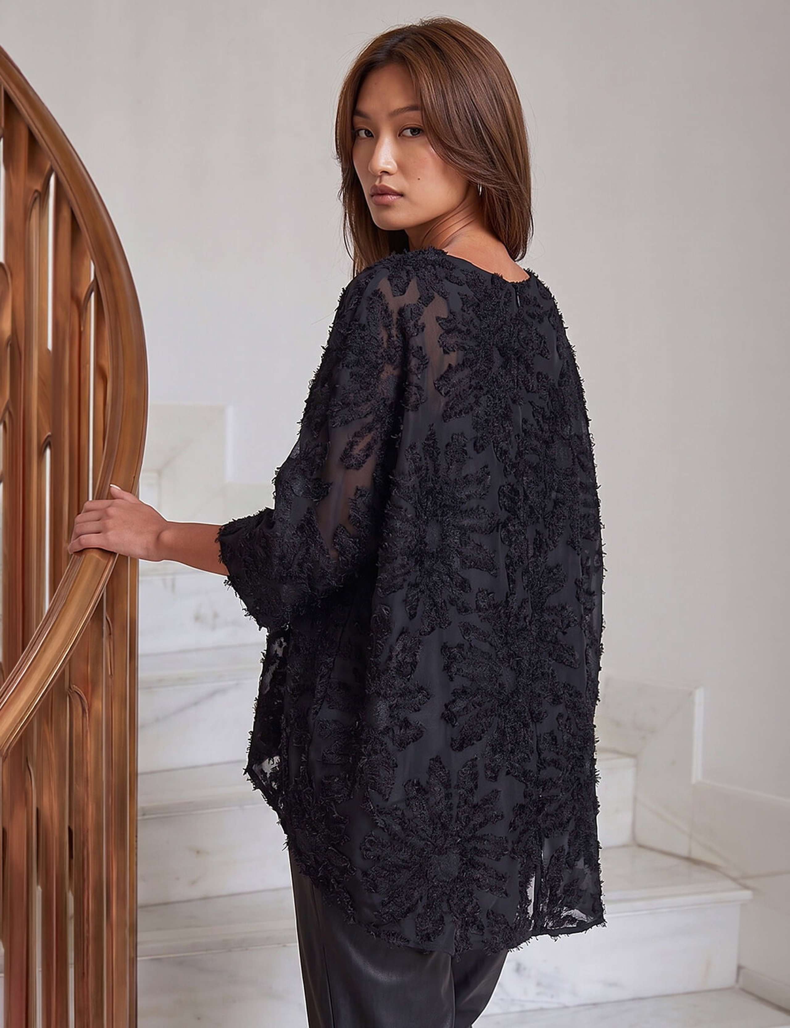 Textured Floral Round Neck Overlay Top 4 of 4