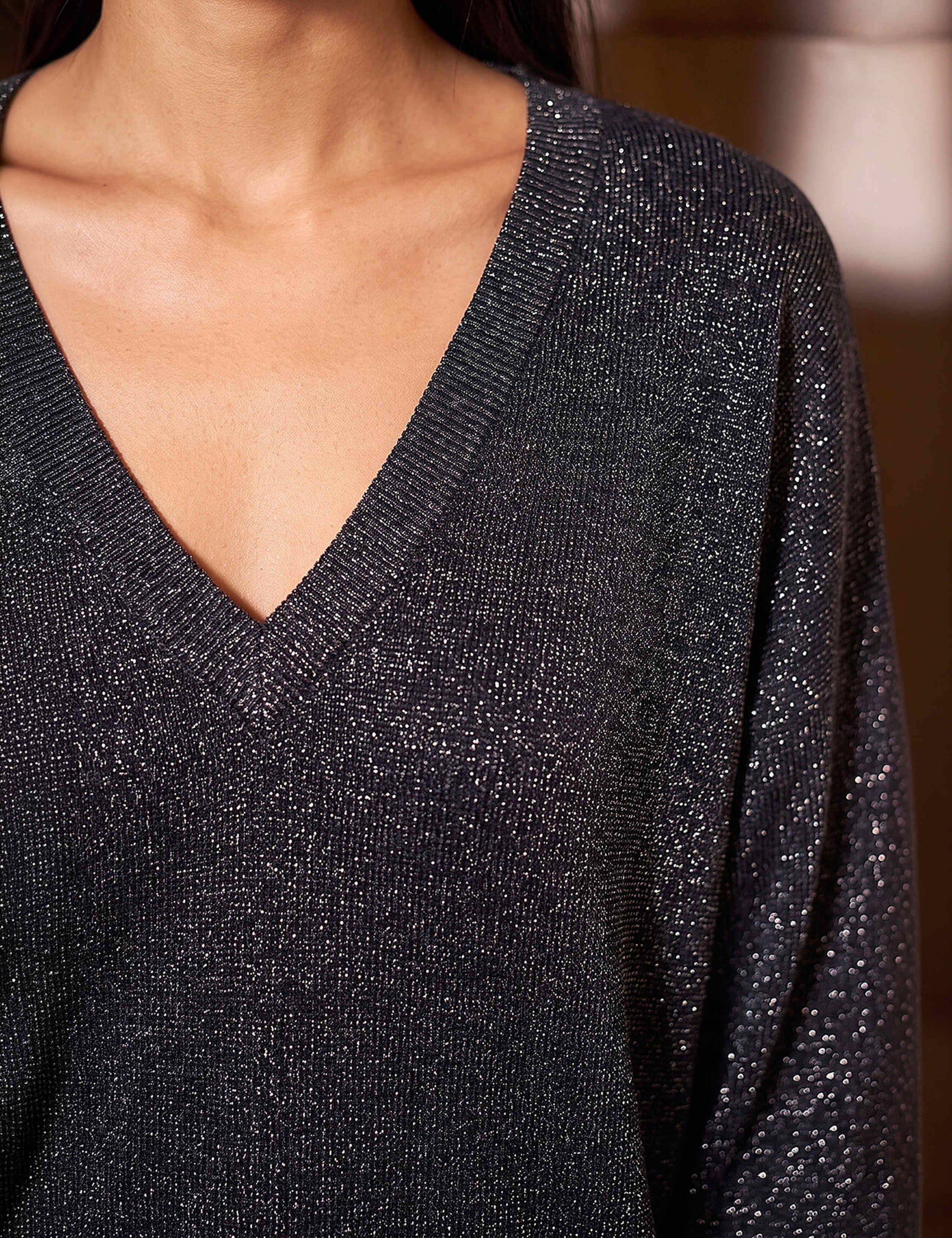 Rayon Rich Metallic V Neck Blouson Sleeve Relaxed Jumper 4 of 4