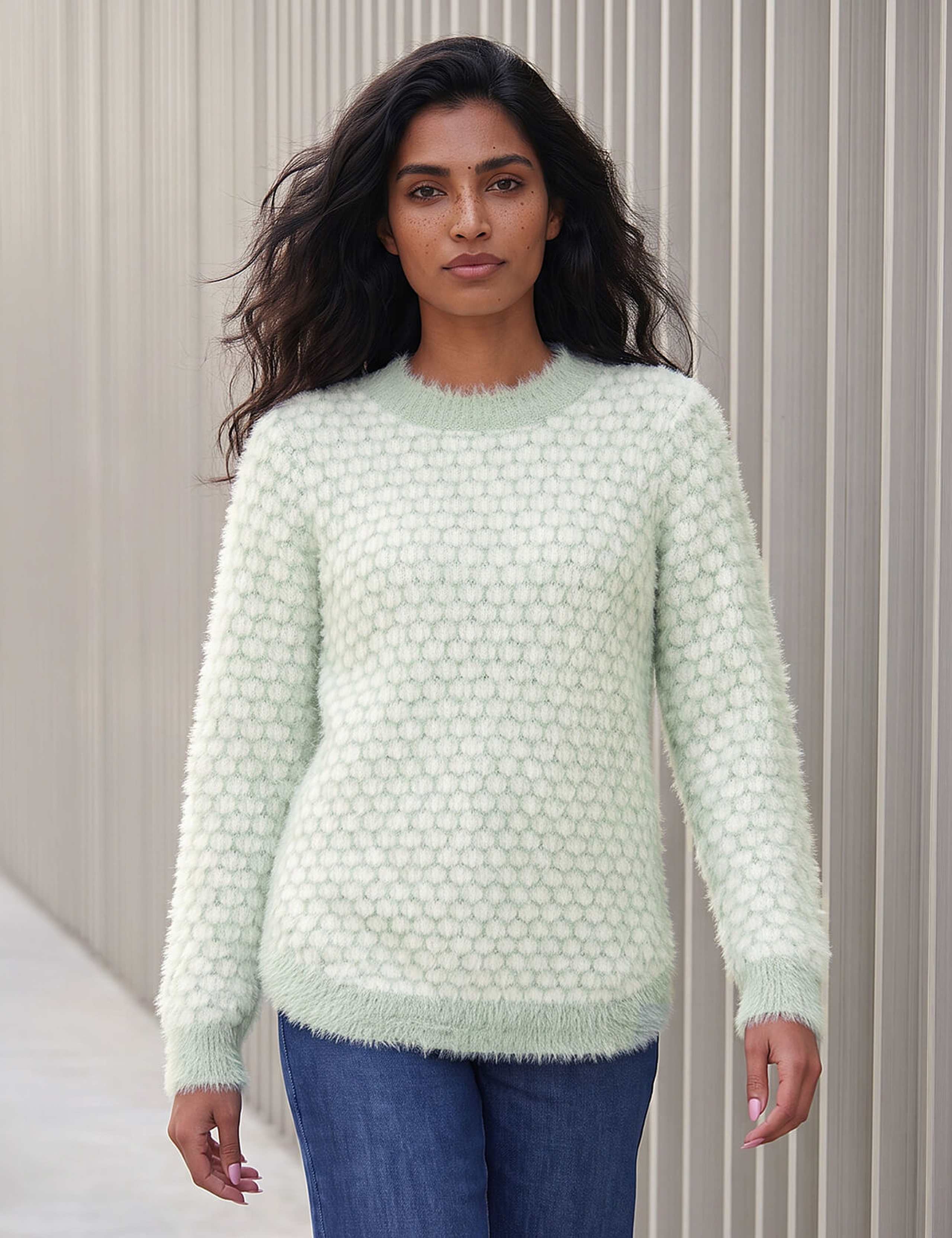 Fluffy Spot Print Curved Hem Jumper 1 of 4