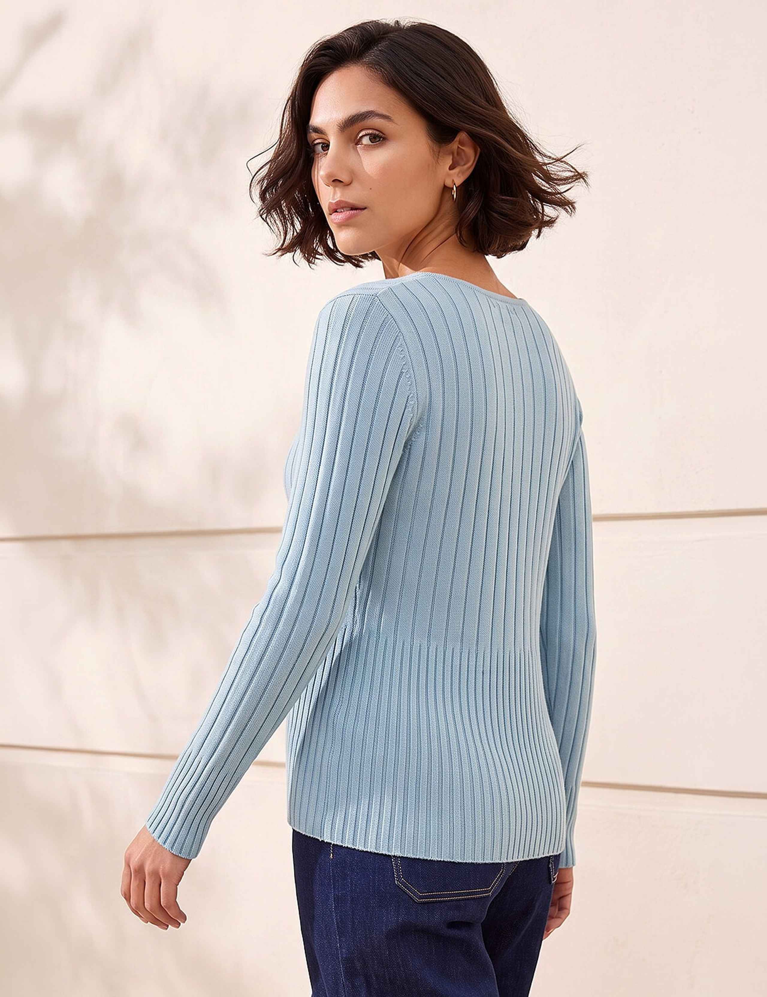 Rayon Blend Ribbed Round Neck Cuffed Knitted Top 2 of 4