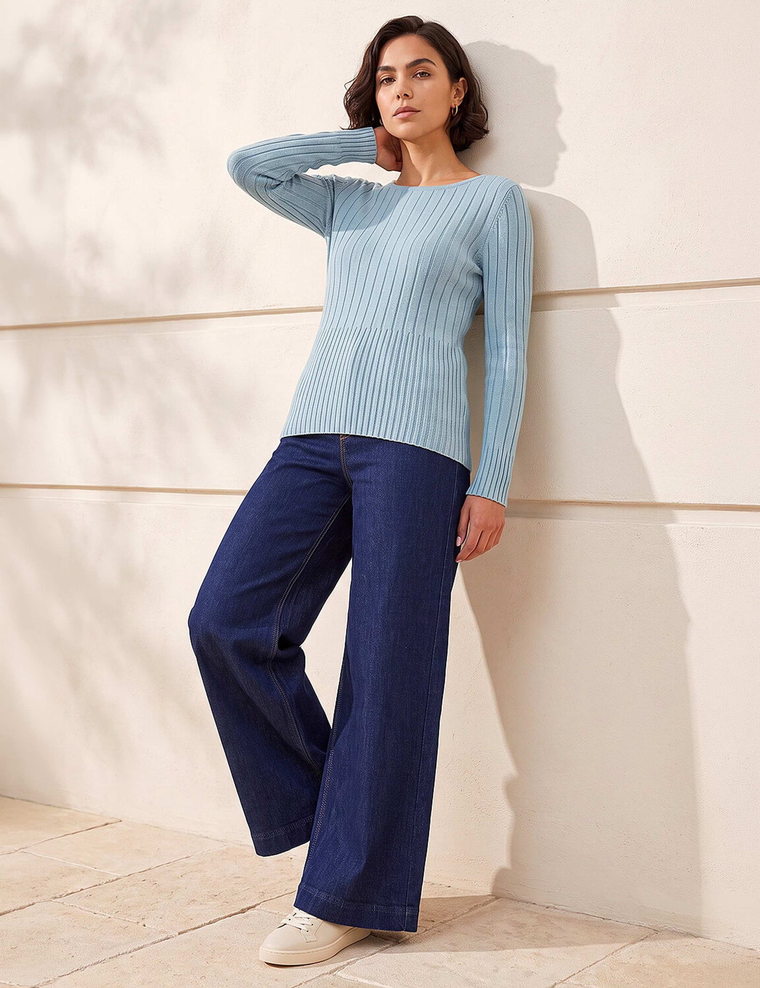 Rayon Blend Ribbed Round Neck Cuffed Knitted Top 3 of 4